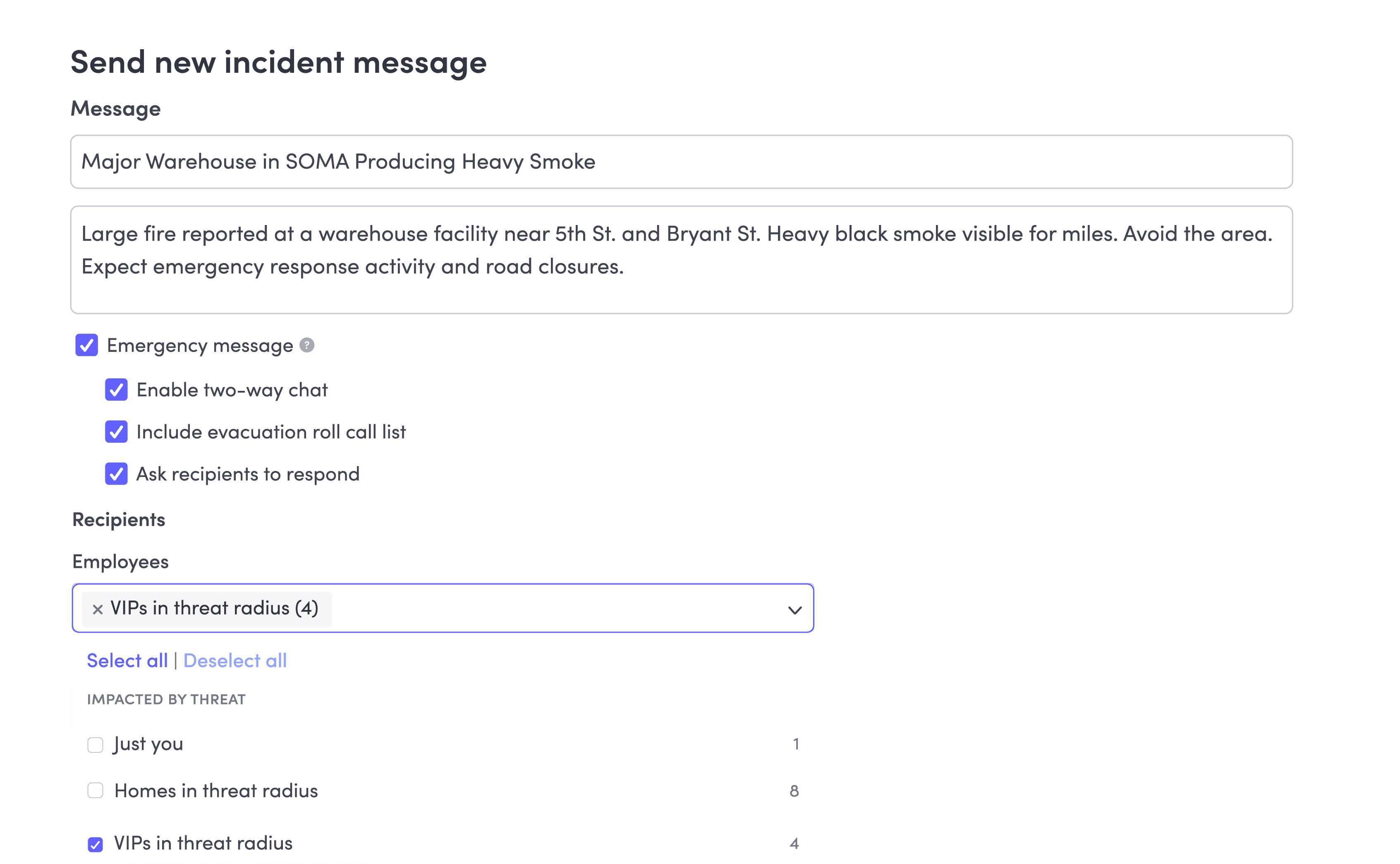 Incident message form with fire alert, options for emergency message and recipients including VIPs in threat radius.