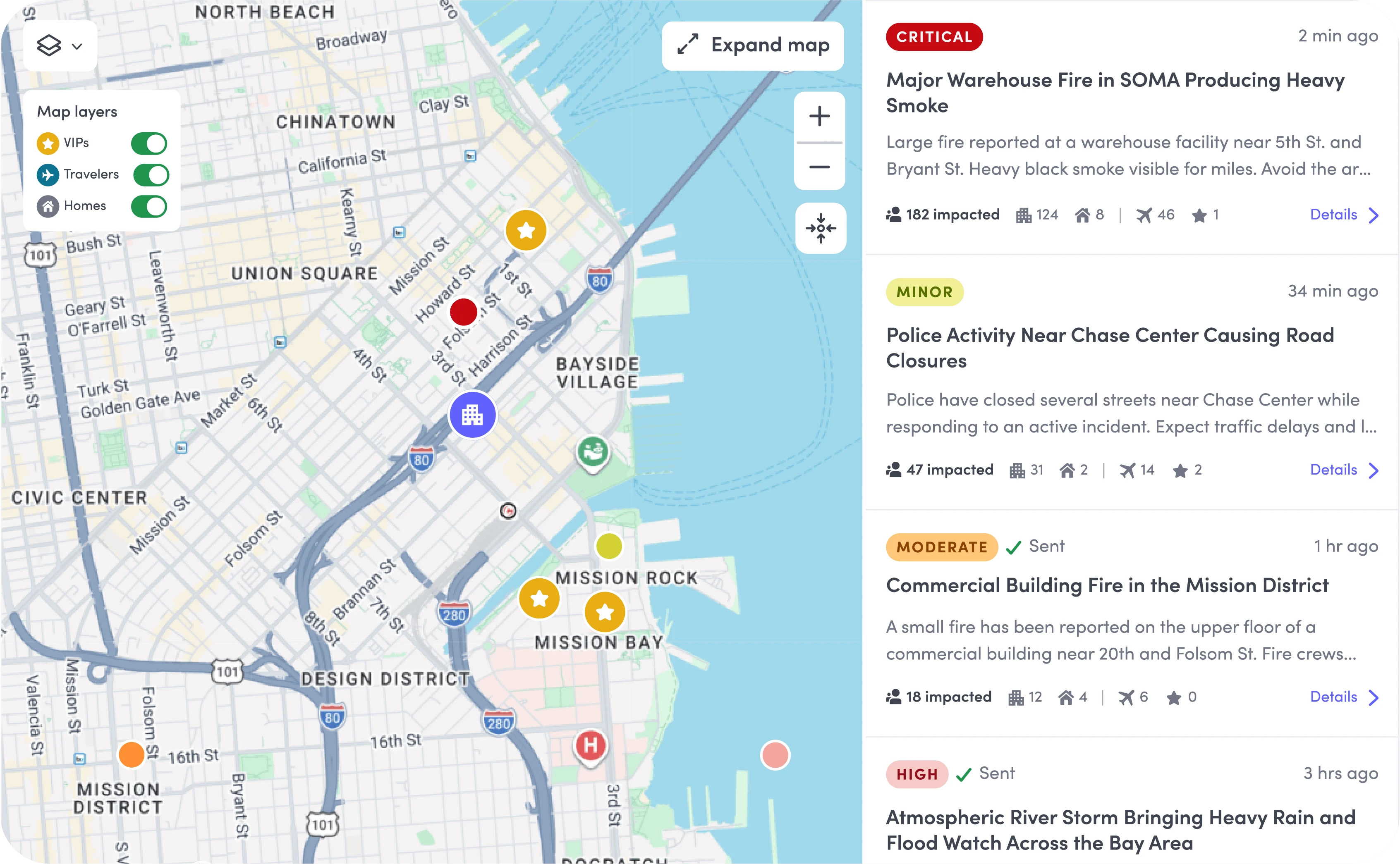 Map of San Francisco showing alerts for fire, police, and storm with impact stats and severity levels.