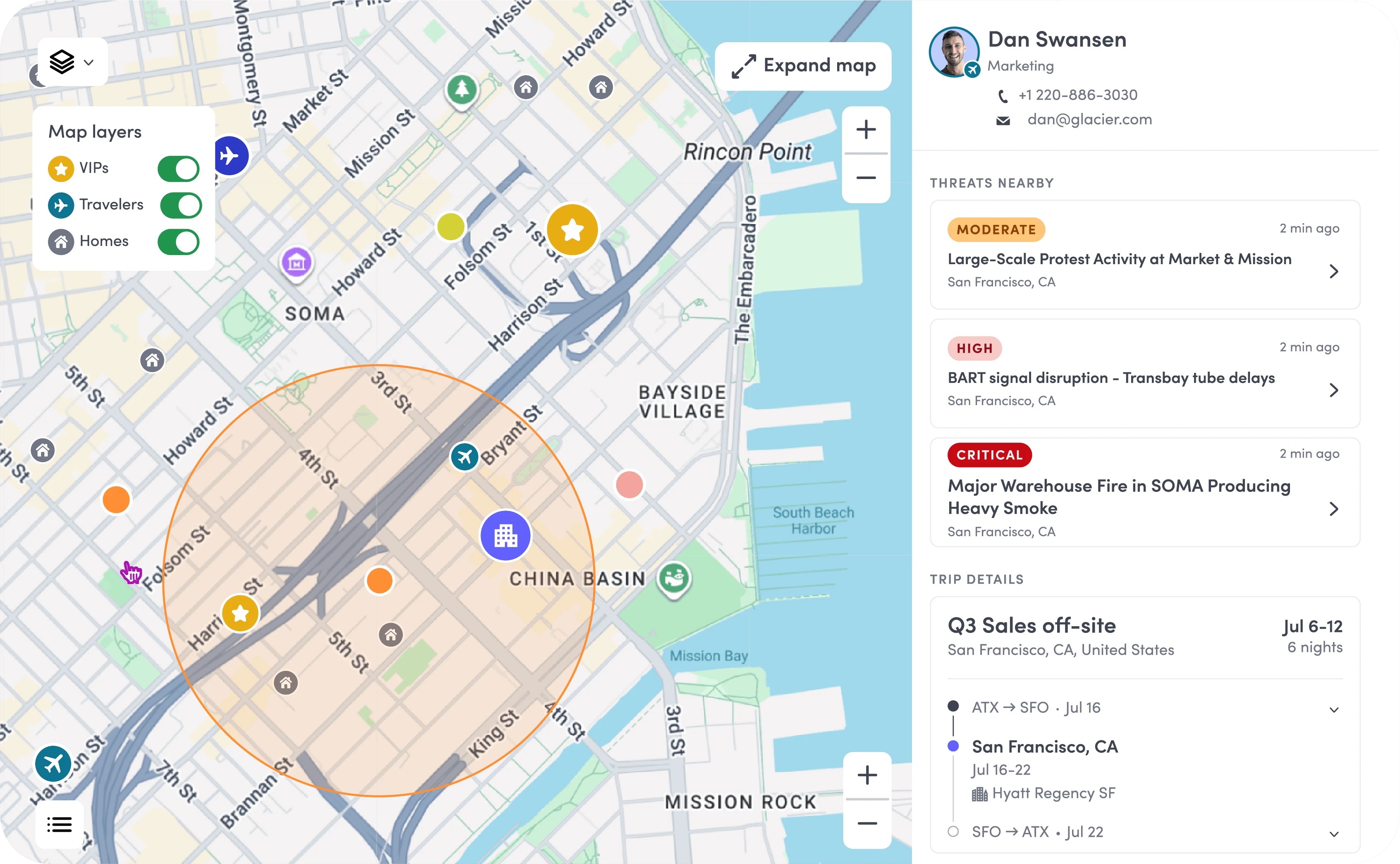 Map of San Francisco showing threat zones, VIPs, travelers, homes, and recent alerts for protests, delays, and fire.