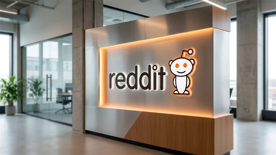 A Reddit sign on a wall in an office.