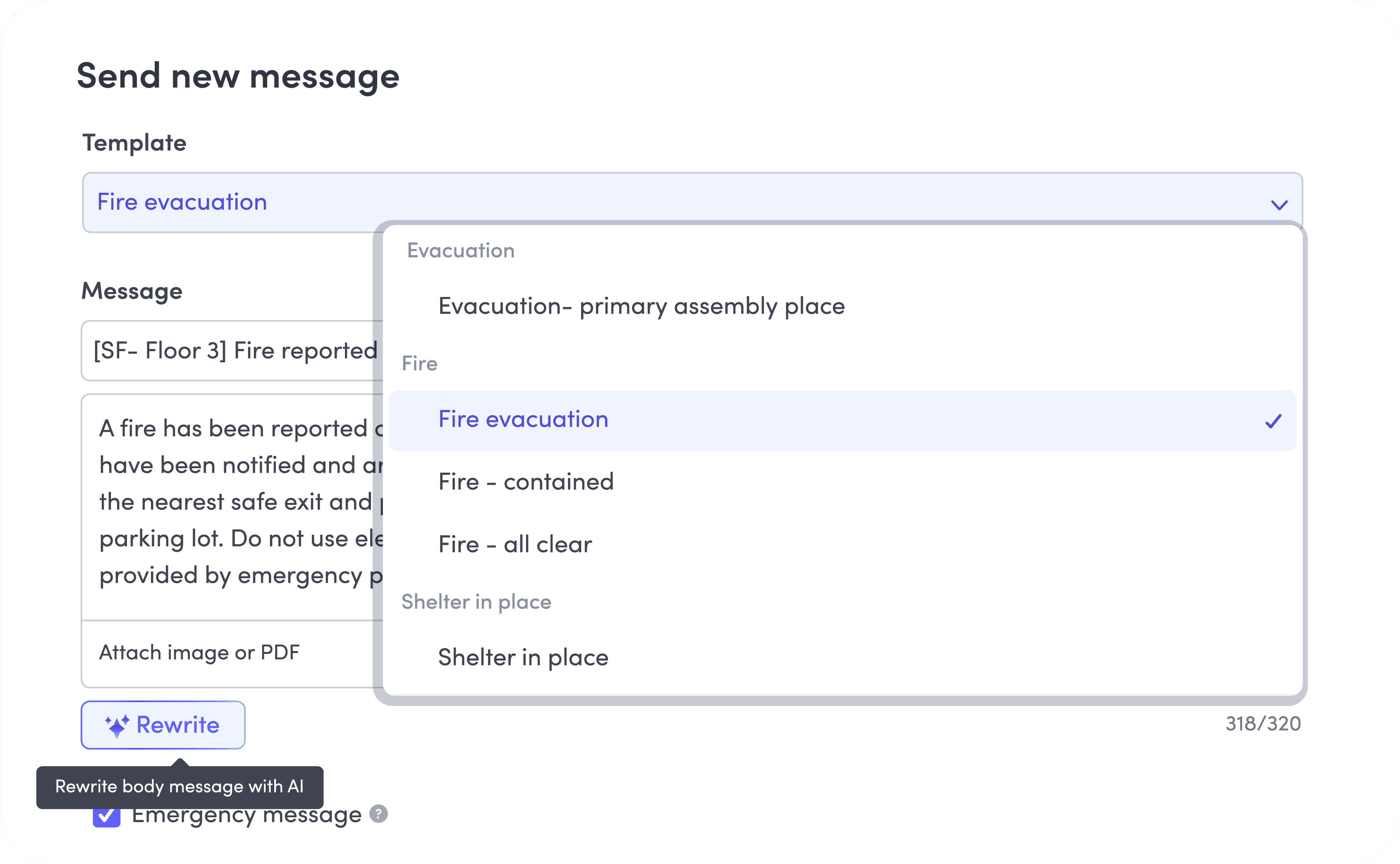 Message template dropdown showing options for fire evacuation, fire contained, all clear, and shelter in place.
