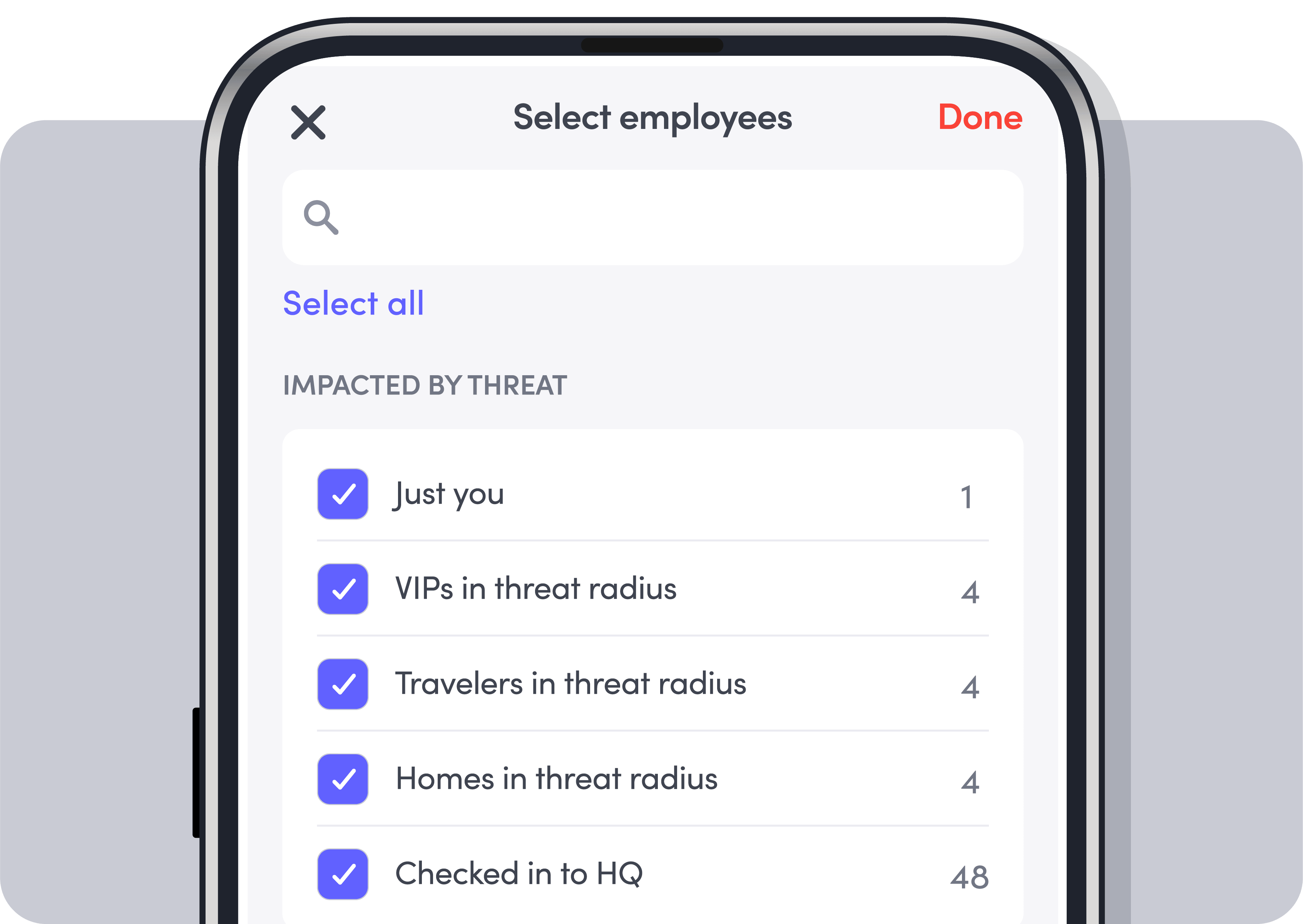 Mobile screen showing a list of employees impacted by threat with checkboxes selected and counts.