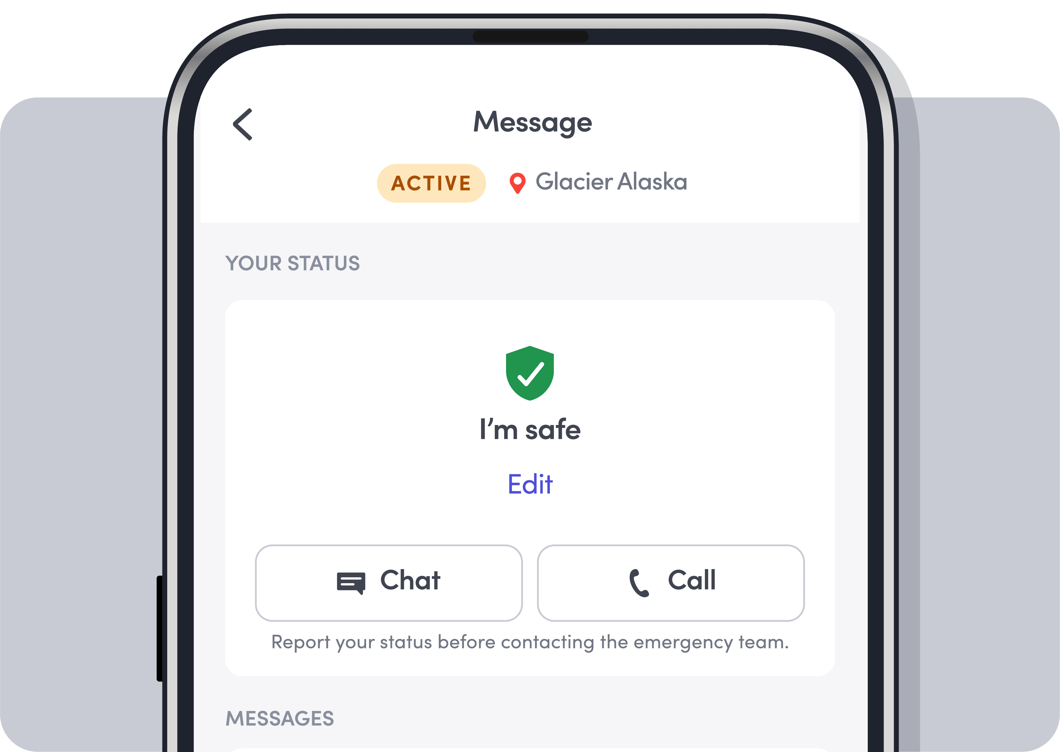 Mobile app screen showing active status in Glacier Alaska with 'I'm safe' and options to chat or call emergency team.