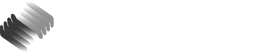 Abstract gradient logo with overlapping diagonal shapes fading from black to gray on white background.