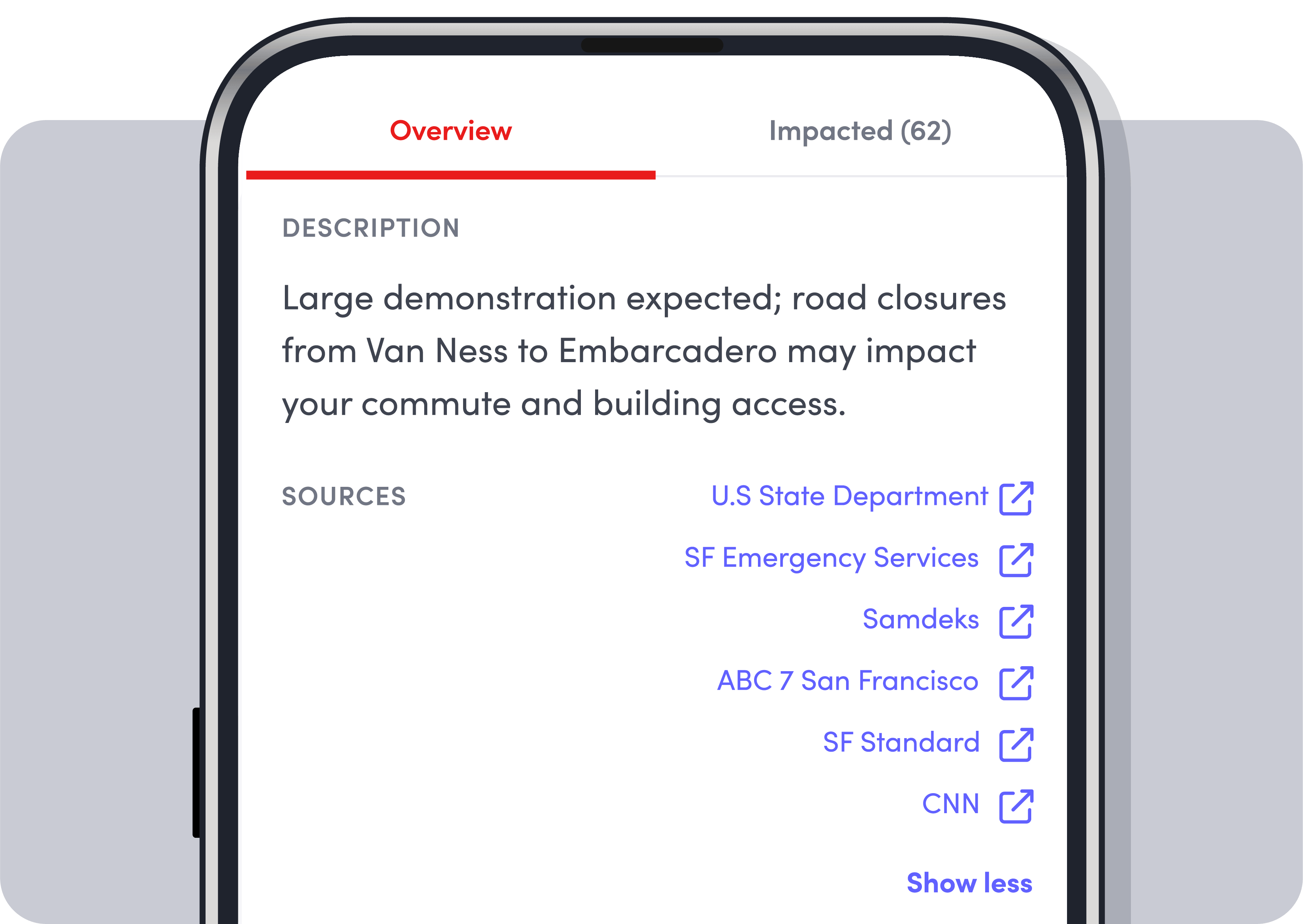 Mobile screen showing alert of large demonstration with road closures from Van Ness to Embarcadero affecting commute.