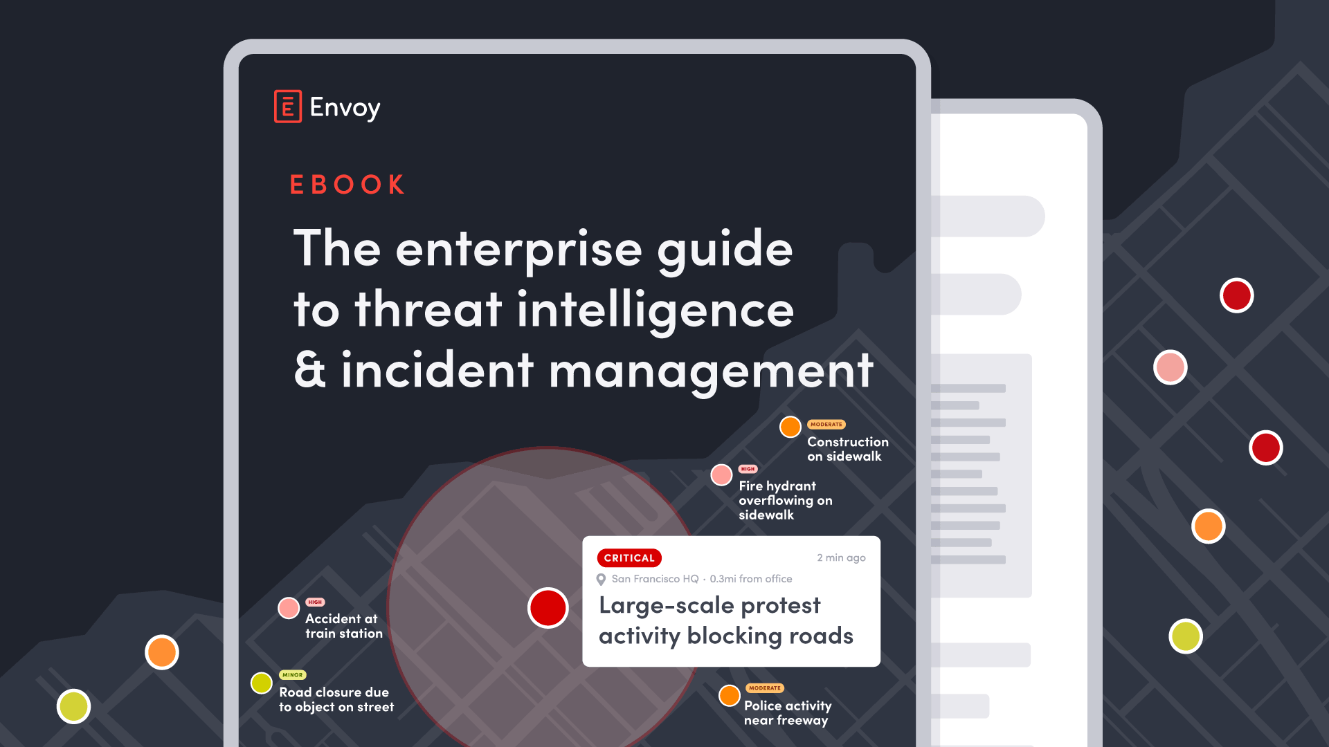 Ebook cover titled The enterprise guide to threat intelligence and incident management with a map of incident spots.