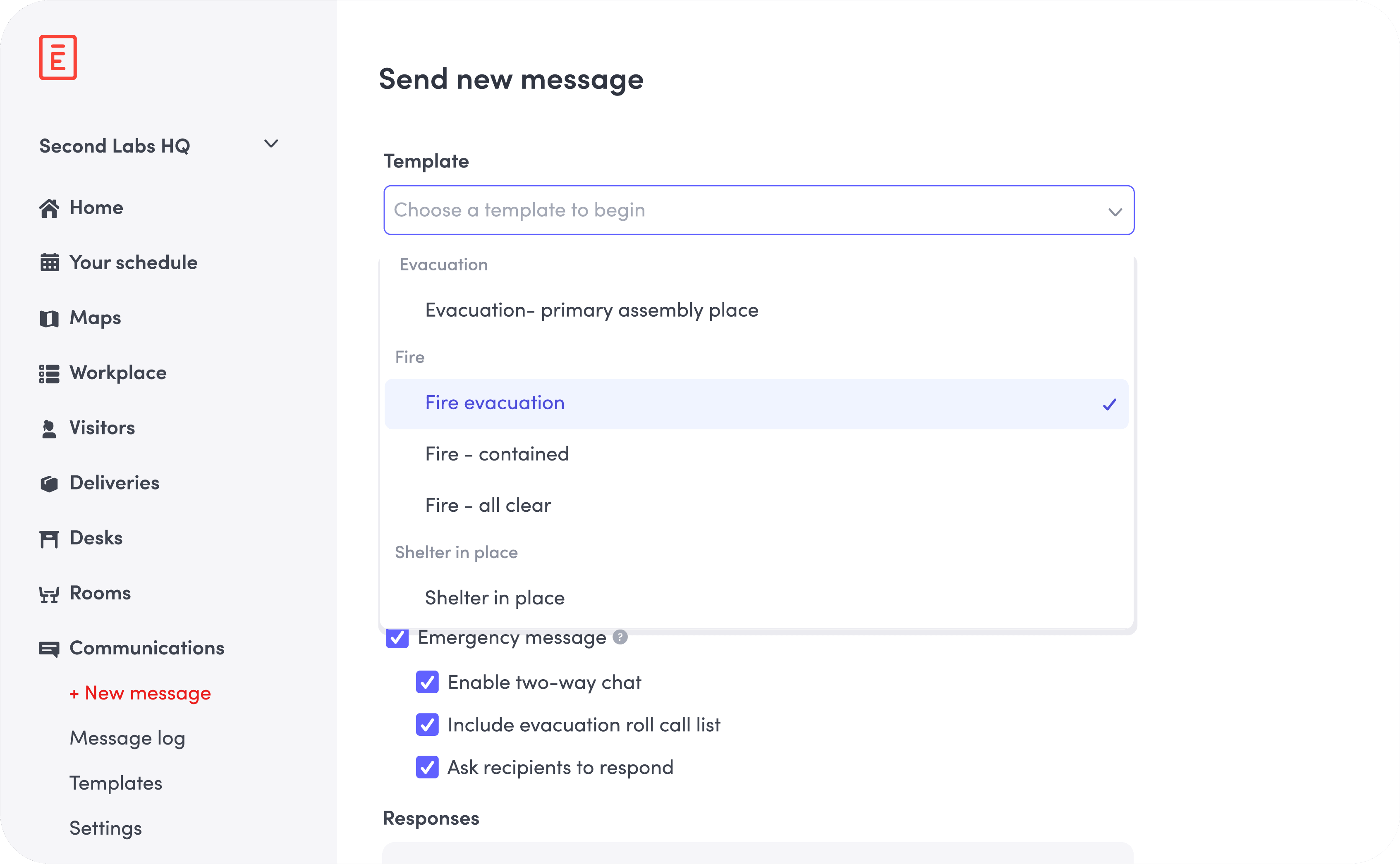 Interface showing message template dropdown with fire evacuation selected and multiple chat options checked.