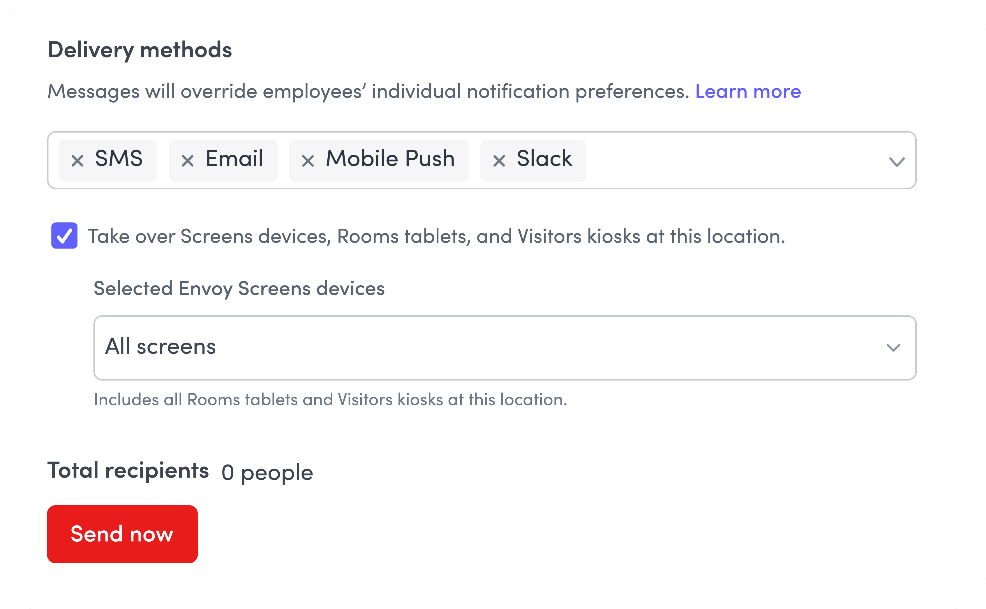 Delivery methods section with options SMS, Email, Mobile Push, Slack, and a send button for mass notifications.