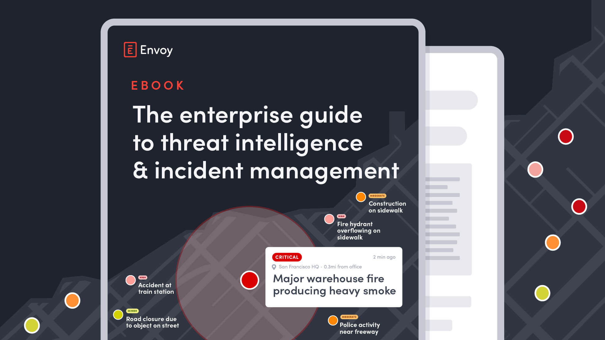 Ebook cover titled The enterprise guide to threat intelligence and incident management with a map showing incident markers.