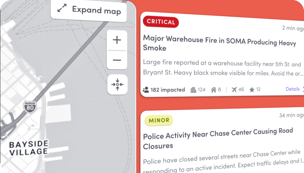 Map showing major warehouse fire with heavy smoke and police activity causing road closures near Chase Center.