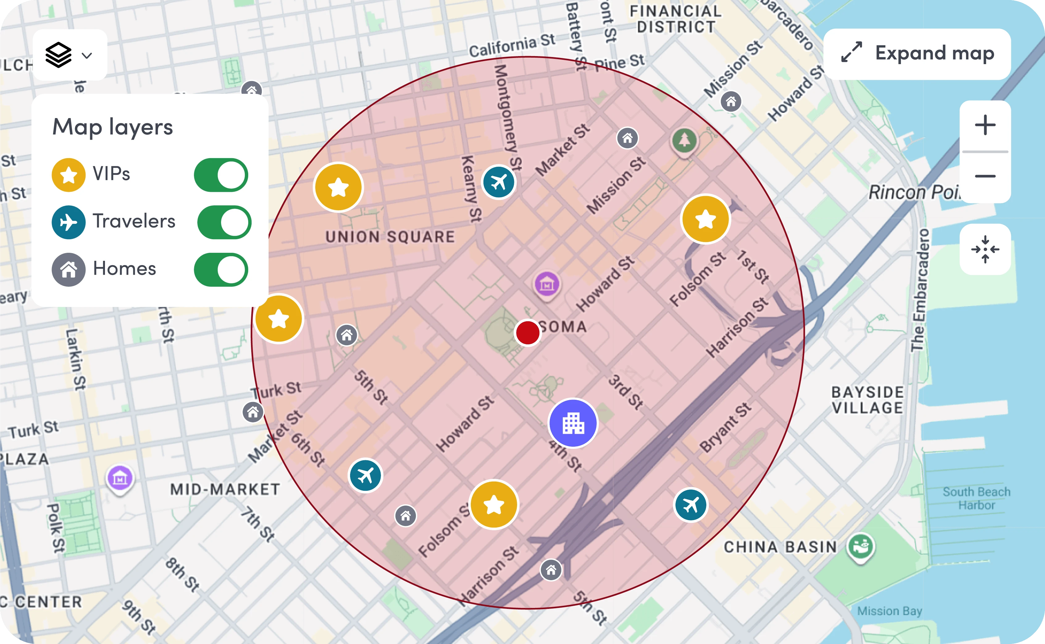 Map of San Francisco showing VIPs, travelers, homes, and a marked SOMA area with a red circle.