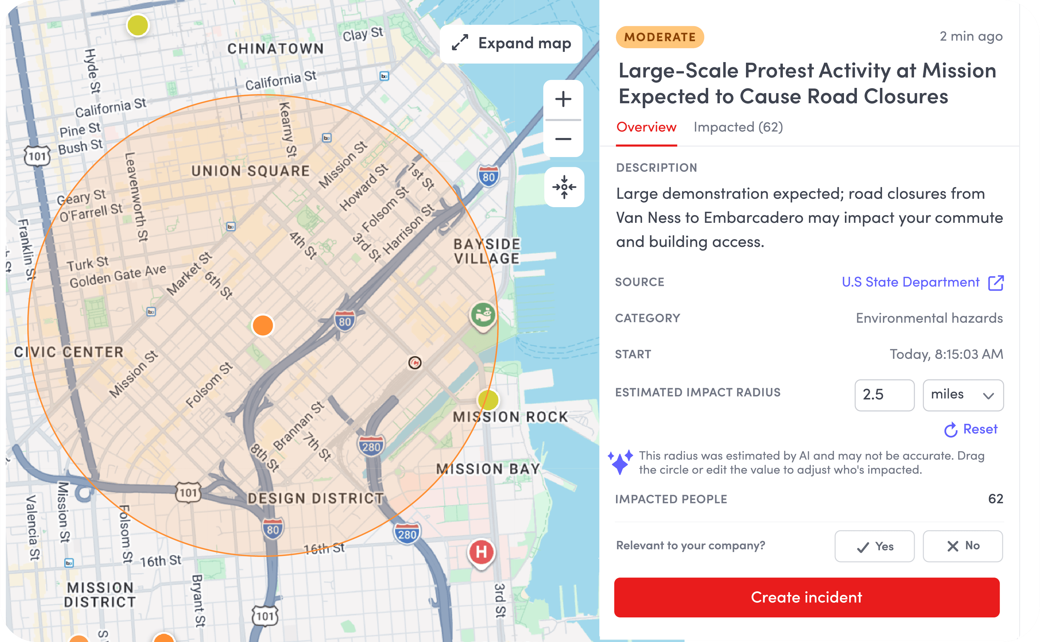 Map of San Francisco showing 2.5-mile impact radius for large protest causing road closures at Mission.