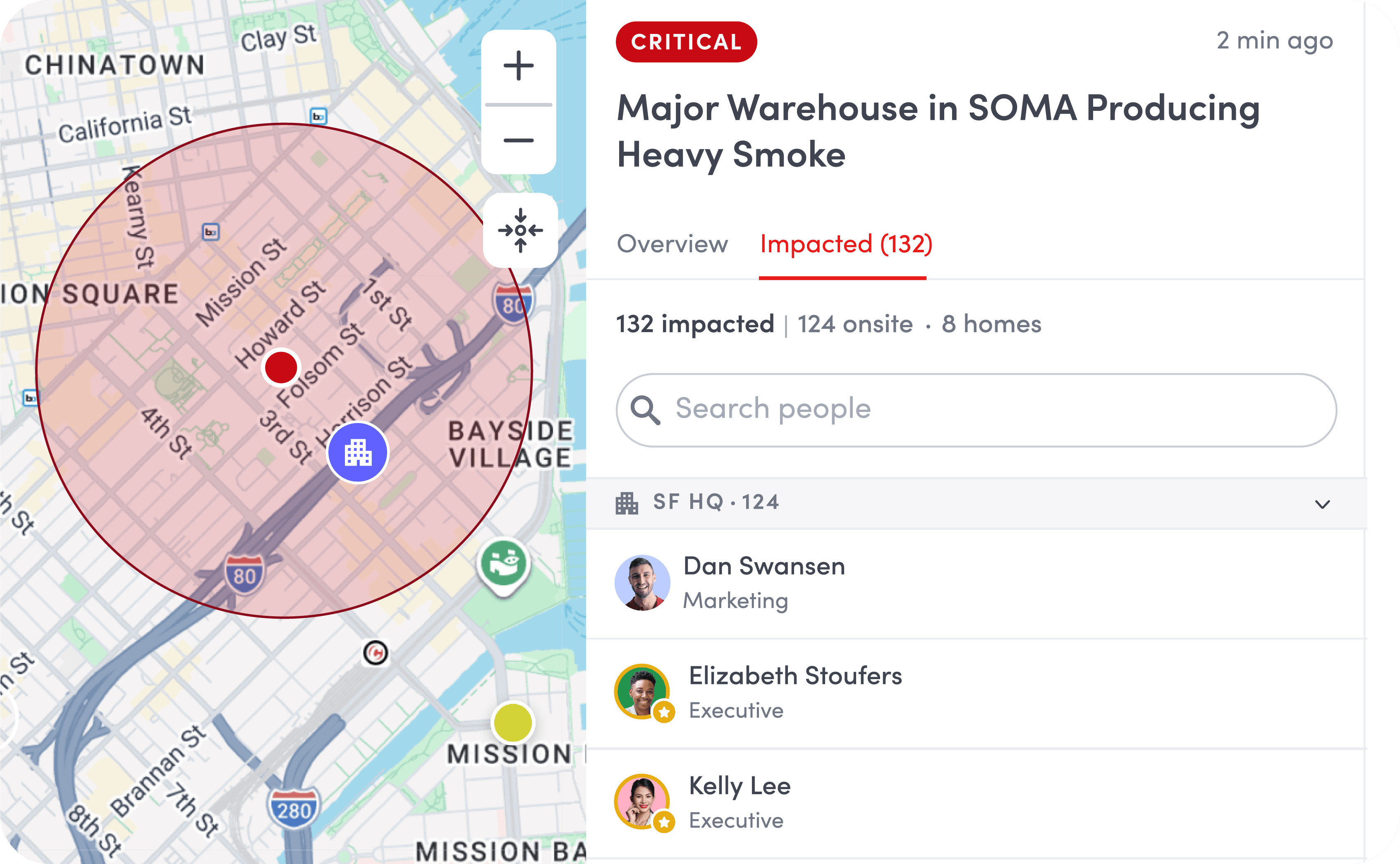 Map shows major warehouse in SOMA producing heavy smoke impacting 132 people including 124 onsite.