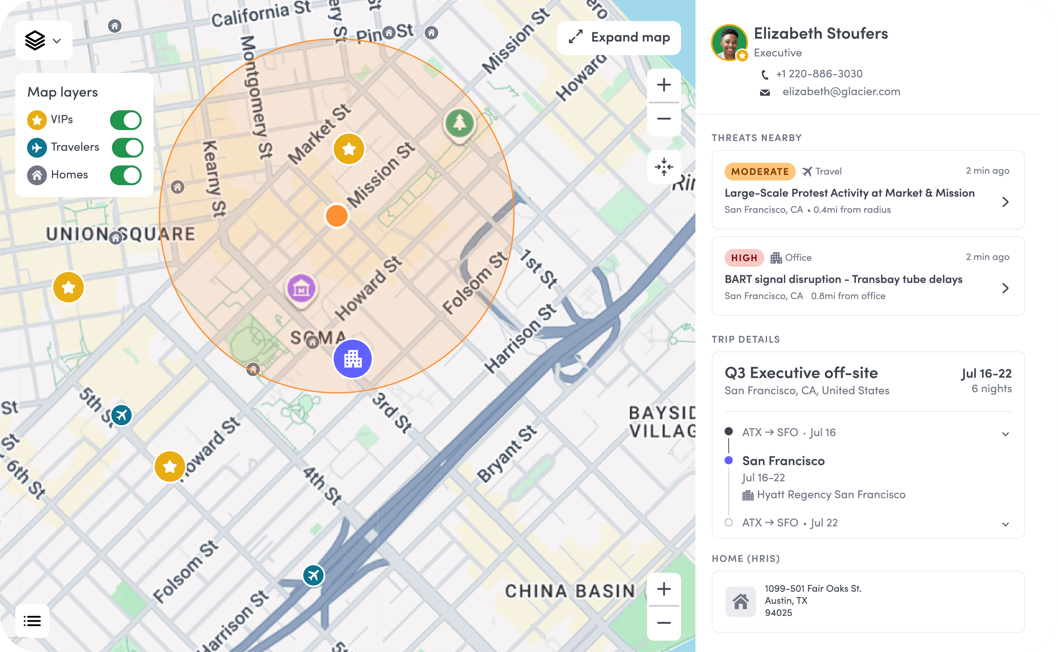 Map of San Francisco with icons for VIPs, travelers, homes, and alerts about local threats and trip details.
