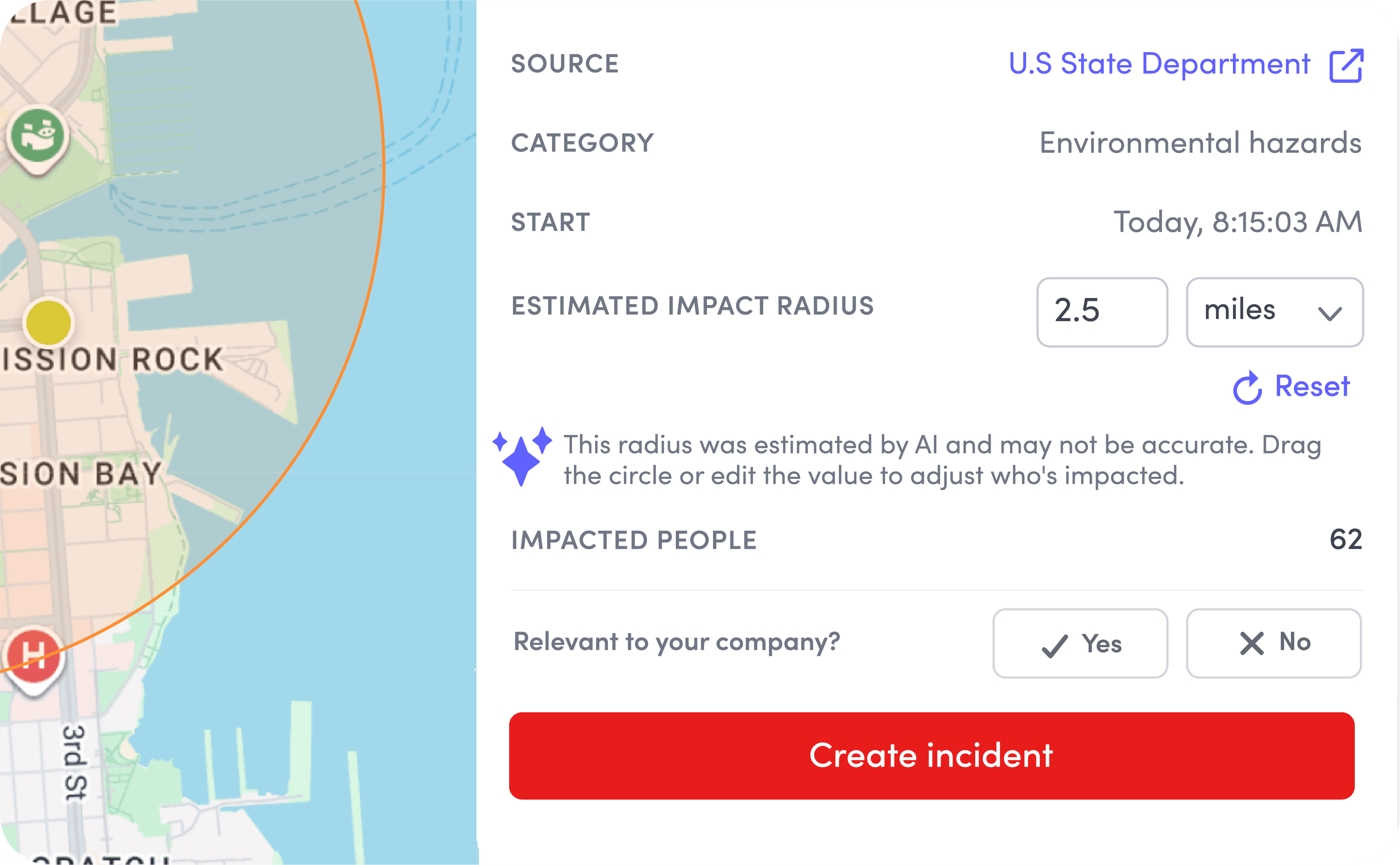 Map with a 2.5-mile estimated impact radius for environmental hazards affecting 62 people near Mission Rock.