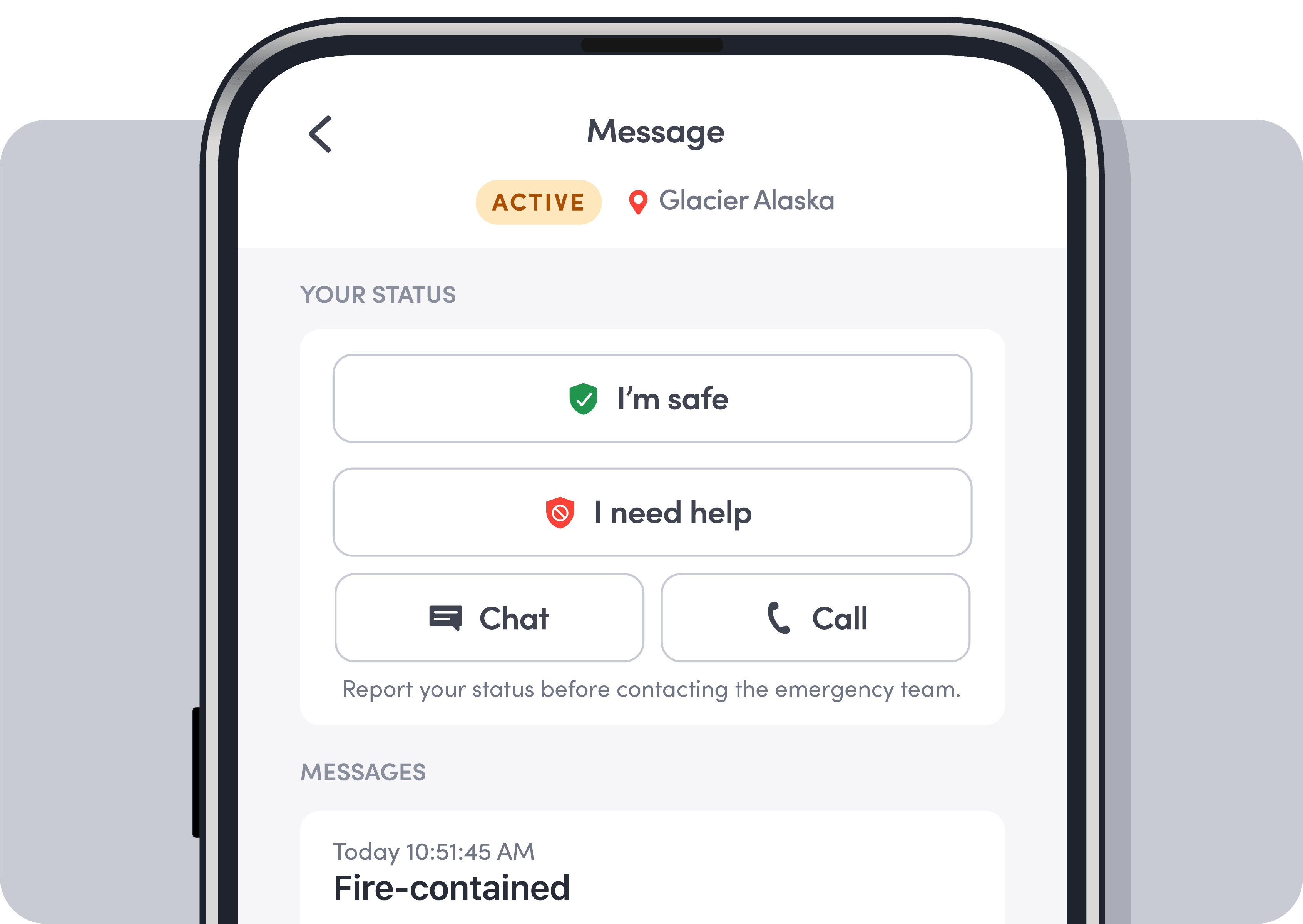 Mobile app screen showing active status at Glacier Alaska with buttons to report safety or request help.