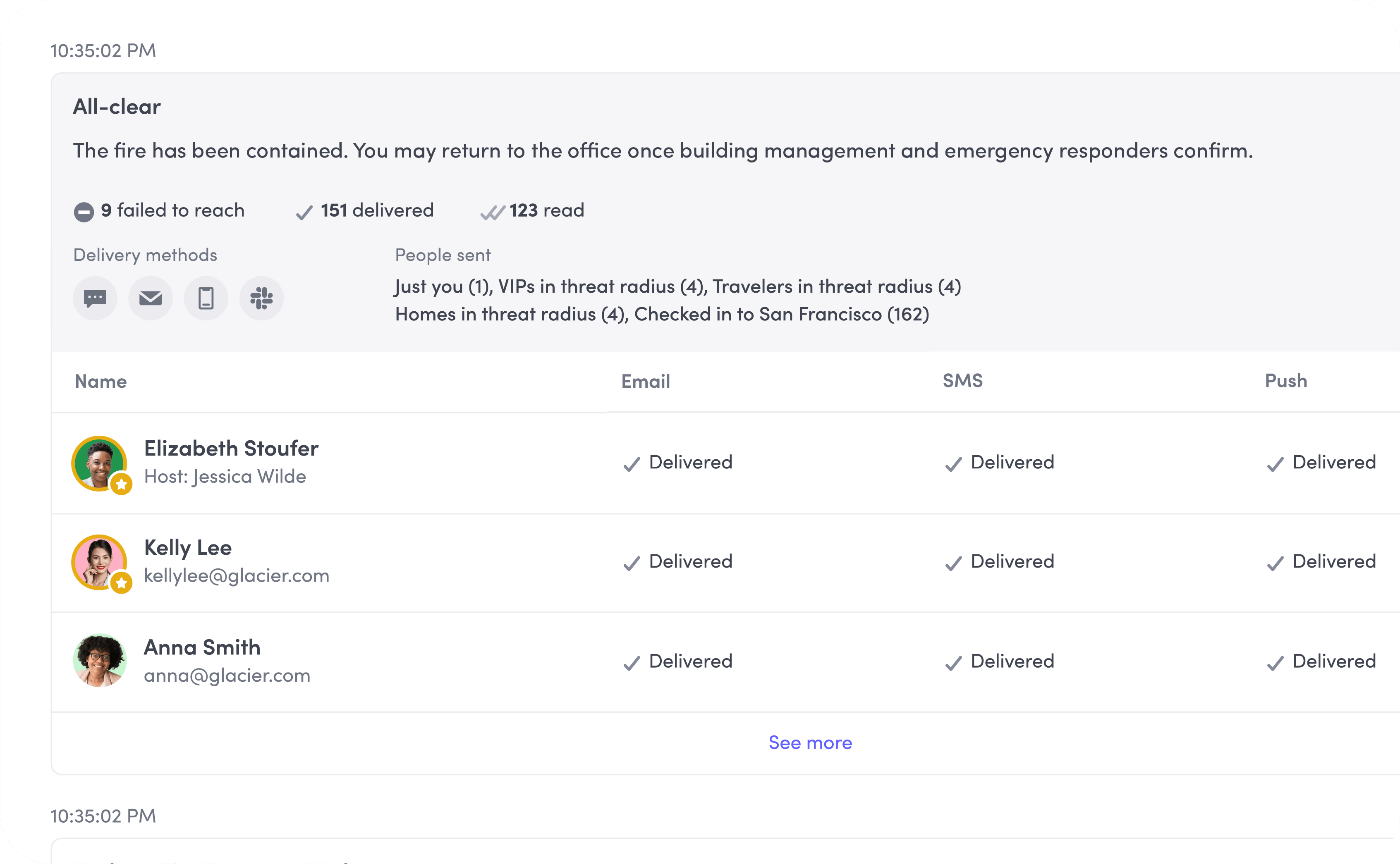 All-clear message for contained fire with delivery and read status for 3 contacts via email, SMS, and push.
