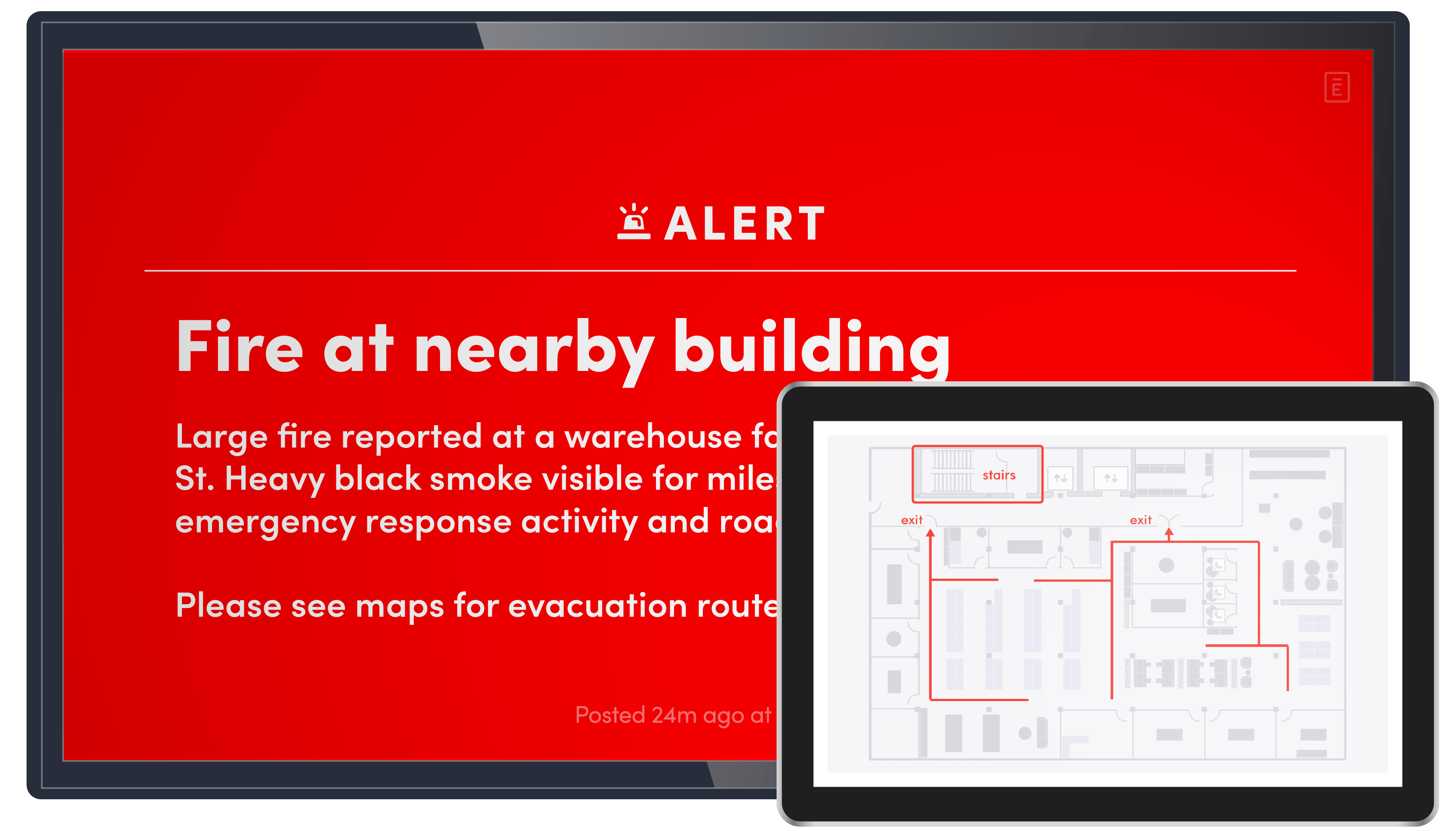 Red alert screen warning of fire at nearby building with evacuation map on adjacent tablet.