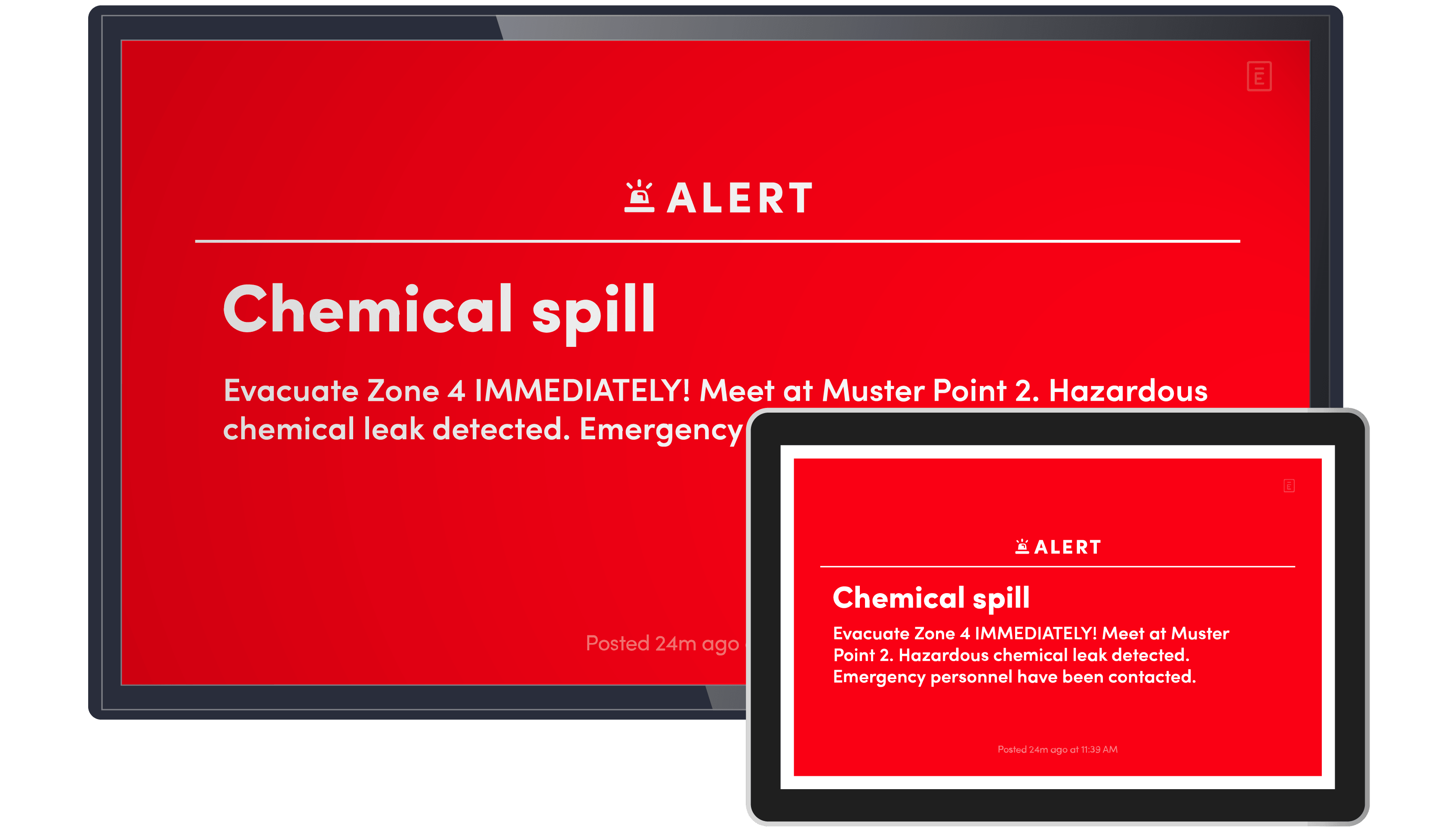 Red alert sign: Chemical spill. Evacuate Zone 4 immediately, meet at Muster Point 2. Hazardous leak detected.
