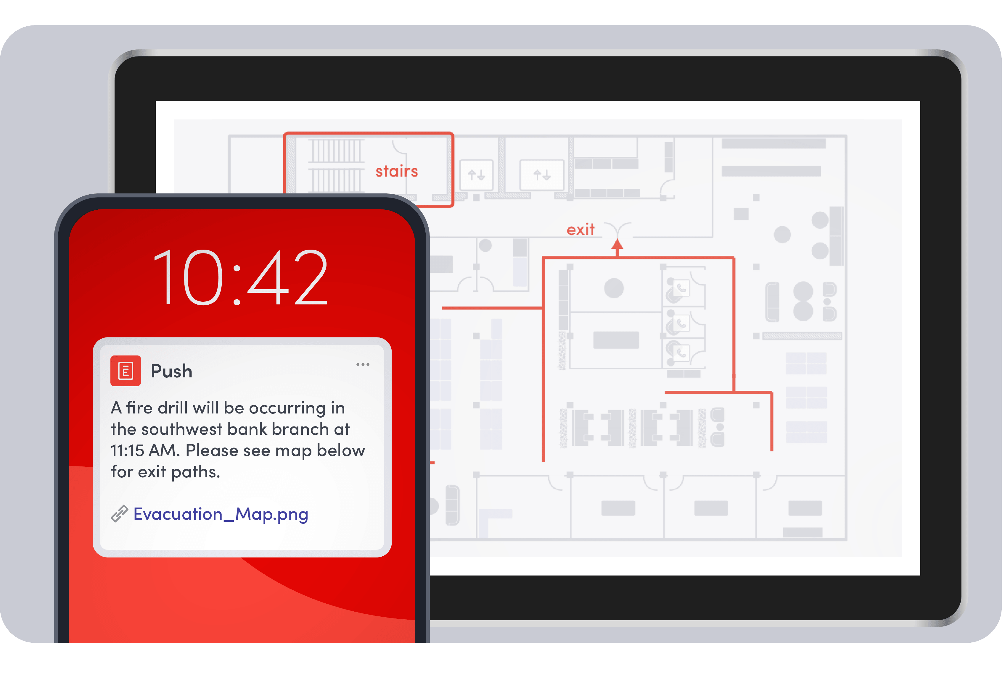 Phone showing fire drill alert with evacuation map on a tablet displaying exit paths and stairs.