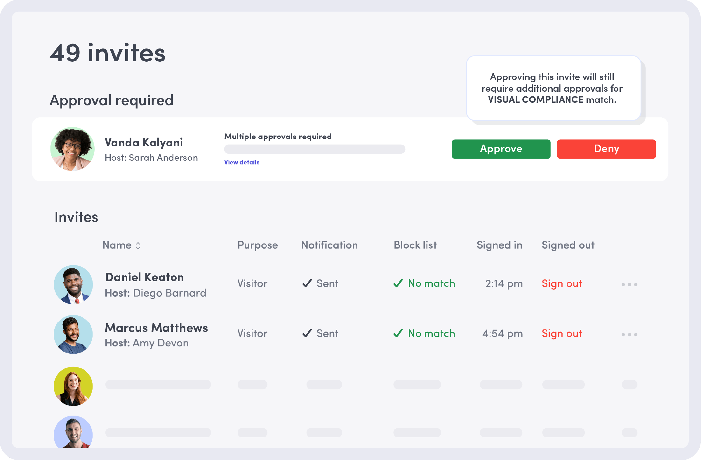 Screen showing 49 invites with approval required for Vanda Kalyani, hosted by Sarah Anderson, needing multiple approvals. Below, visitor invites Daniel Keaton and Marcus Matthews show sent notifications, no block list match, and sign out options.