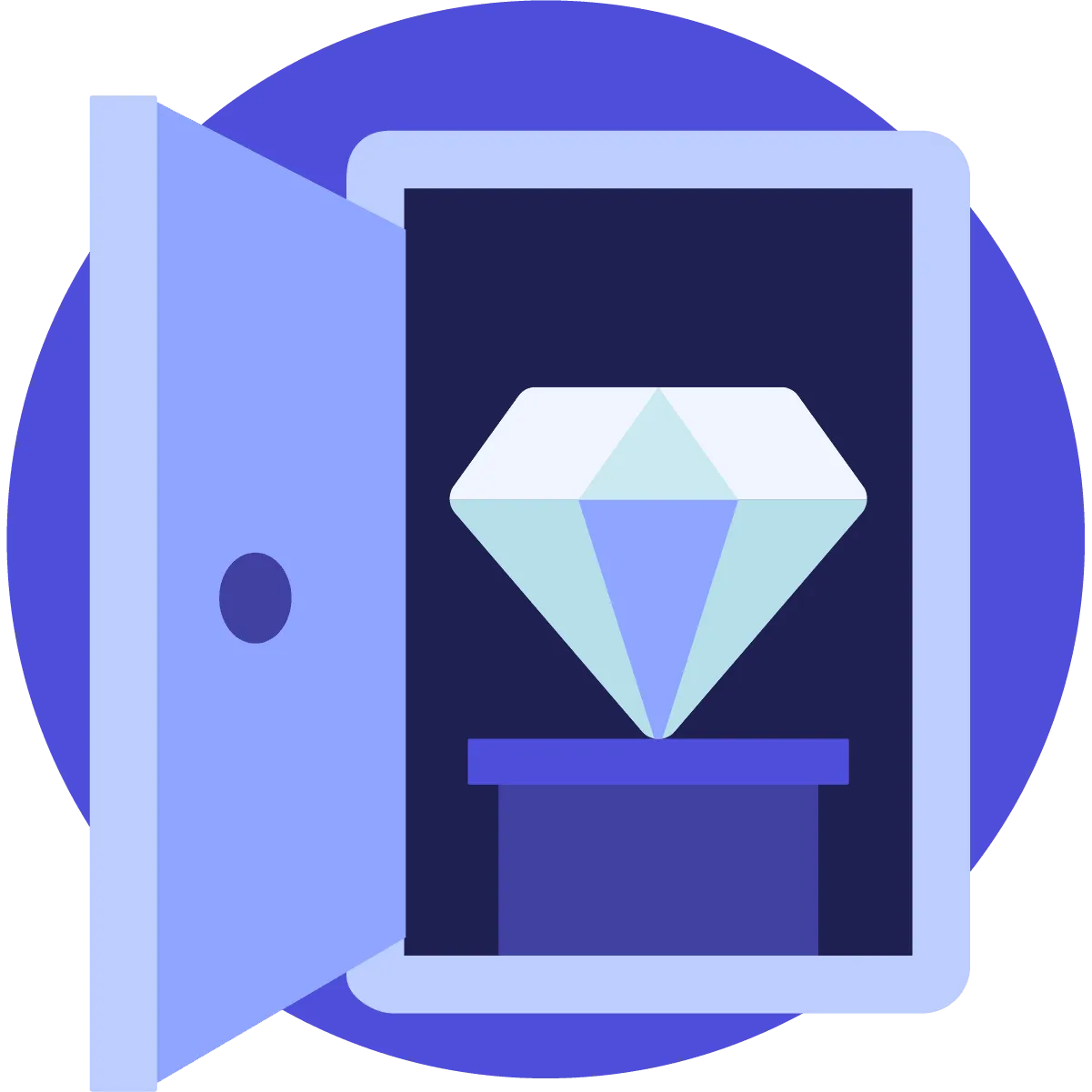  Open safe with a large diamond displayed inside on a pedestal.