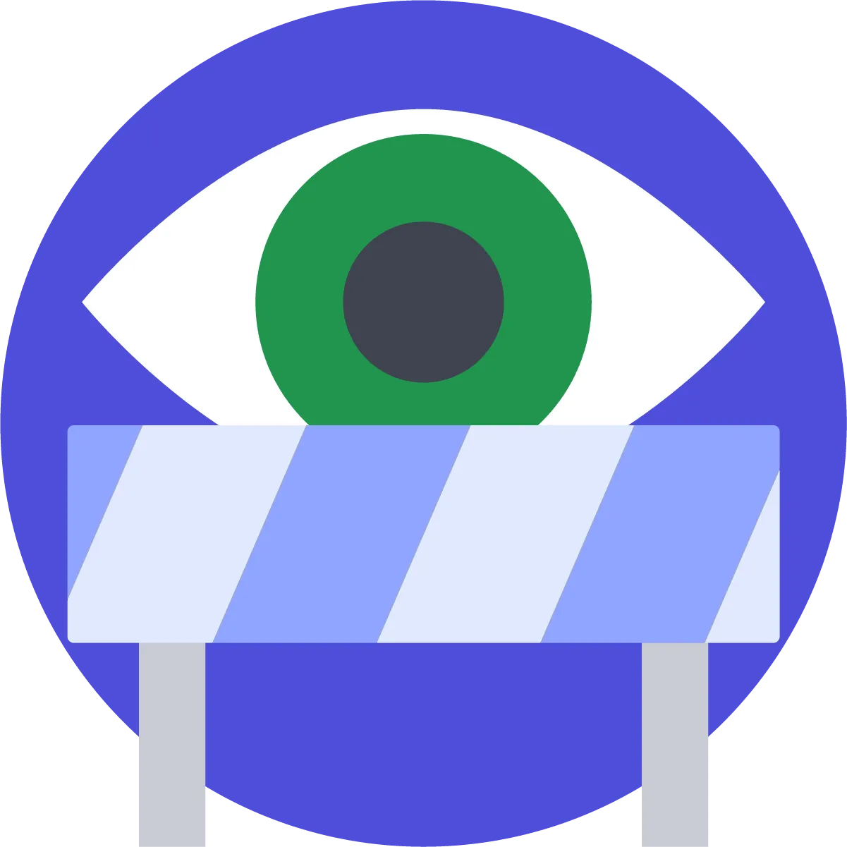 A large green eye partially obscured by a blue and white striped barrier, set against a blue circular background.