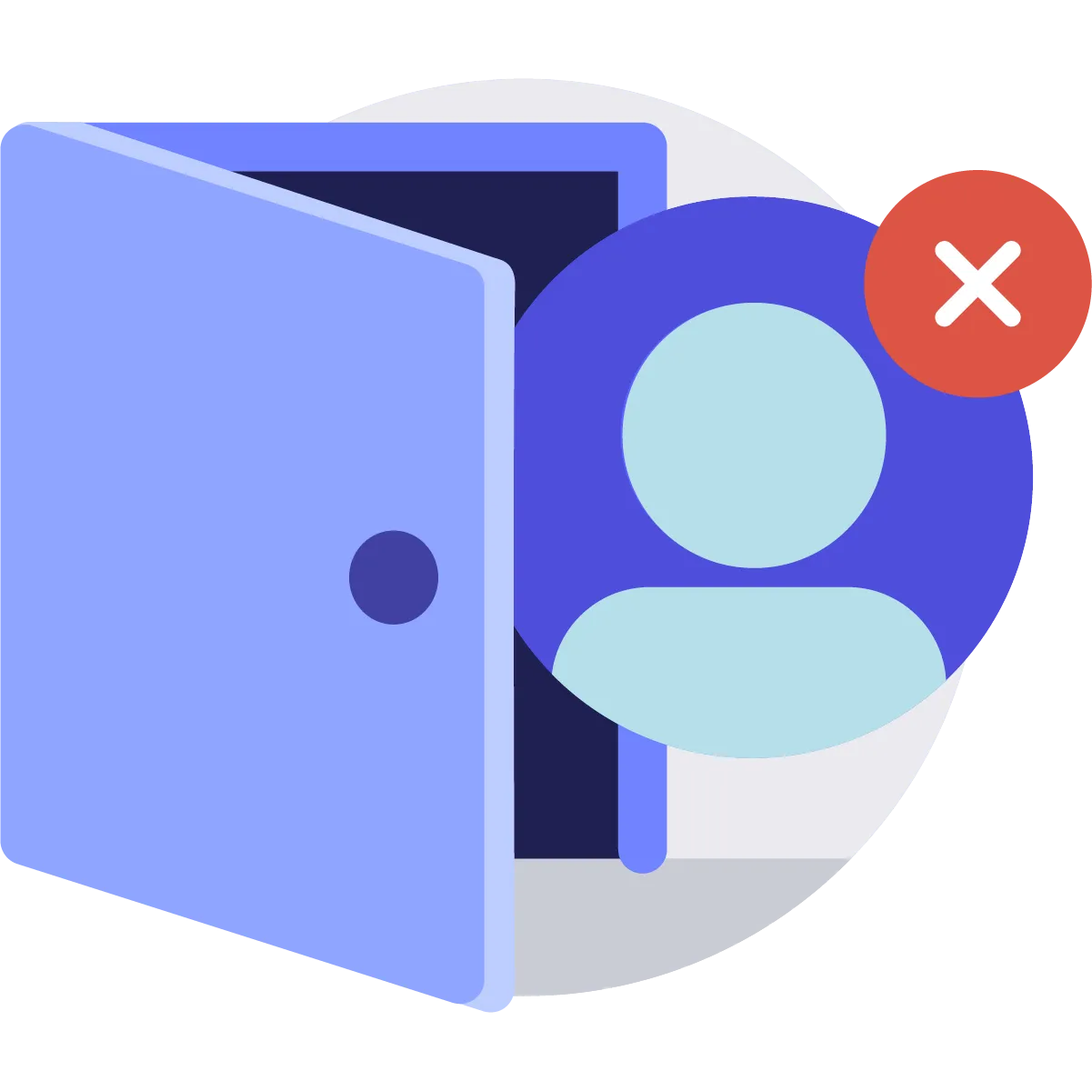 Illustration of an open door with a user profile icon next to it and a red circle with a white X, representing denied access or no entry.