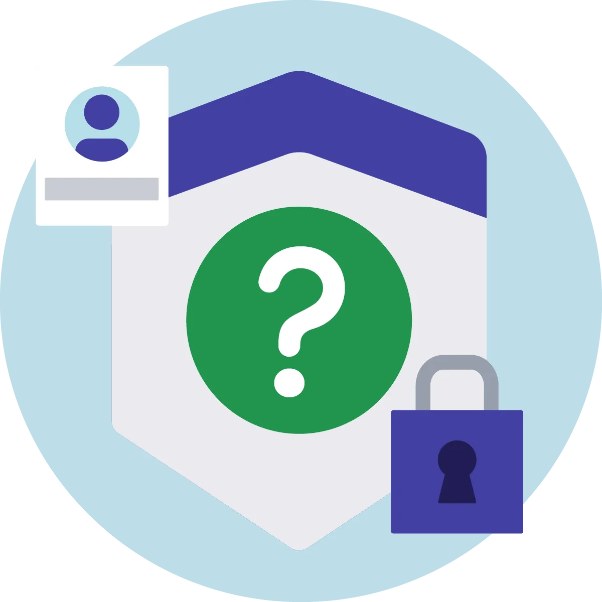 A shield emblem with a blue top and white bottom containing a green circle with a white question mark, alongside a blue padlock and a user profile icon card on a light blue circular background.