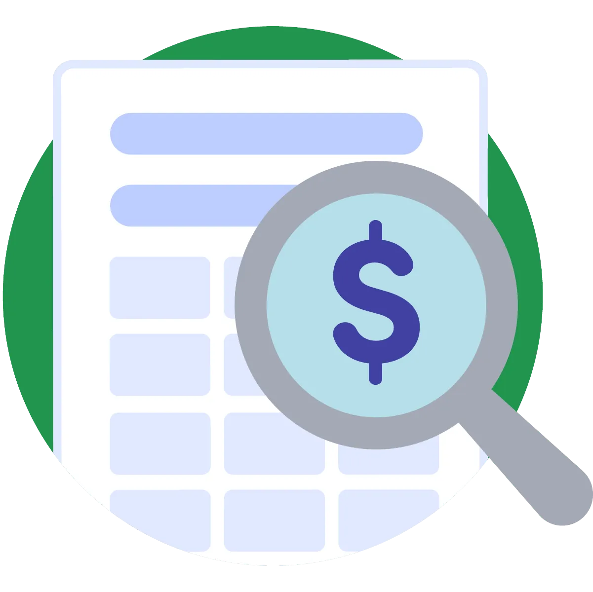 Illustration of a calculator with a magnifying glass highlighting a dollar sign, symbolizing financial analysis or cost calculation.