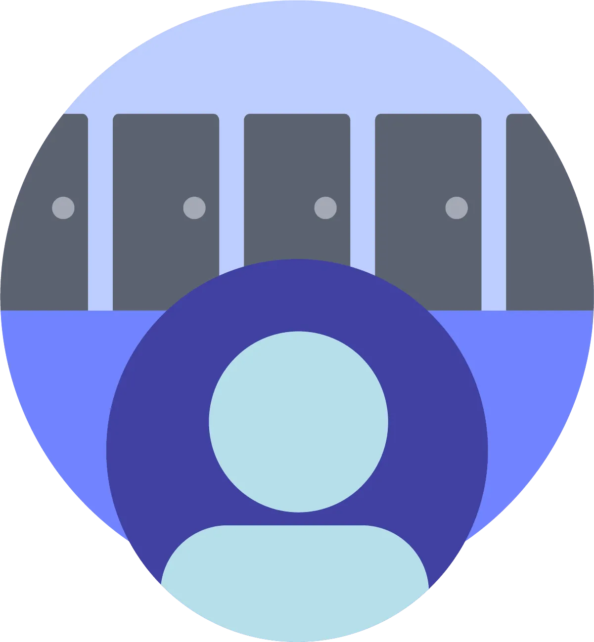 Illustration of a user icon in front of a row of five closed doors on a light blue and purple background.