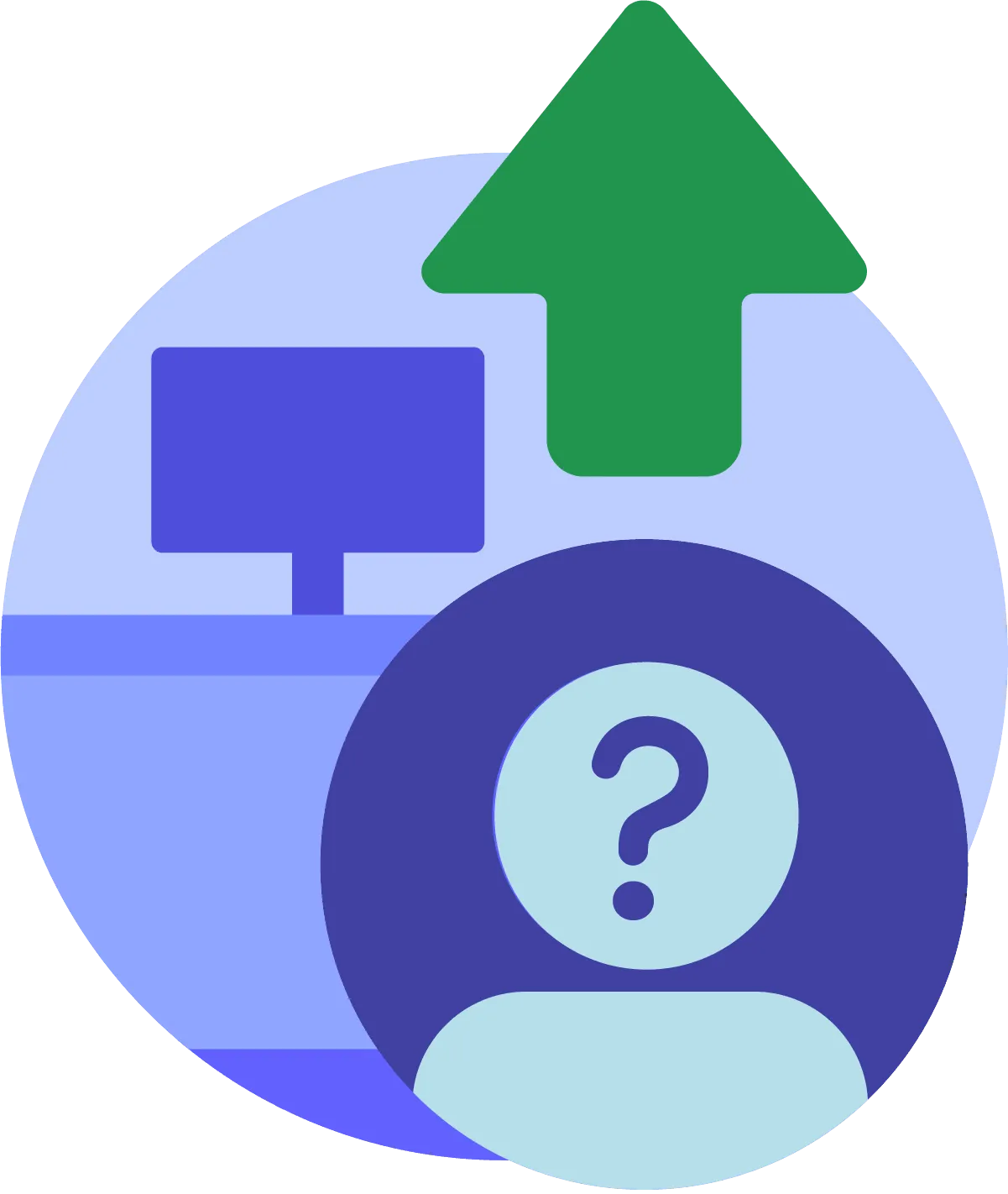 Icon of a person with a question mark over their face in front of a desk with a computer monitor, with a large green upward arrow above.