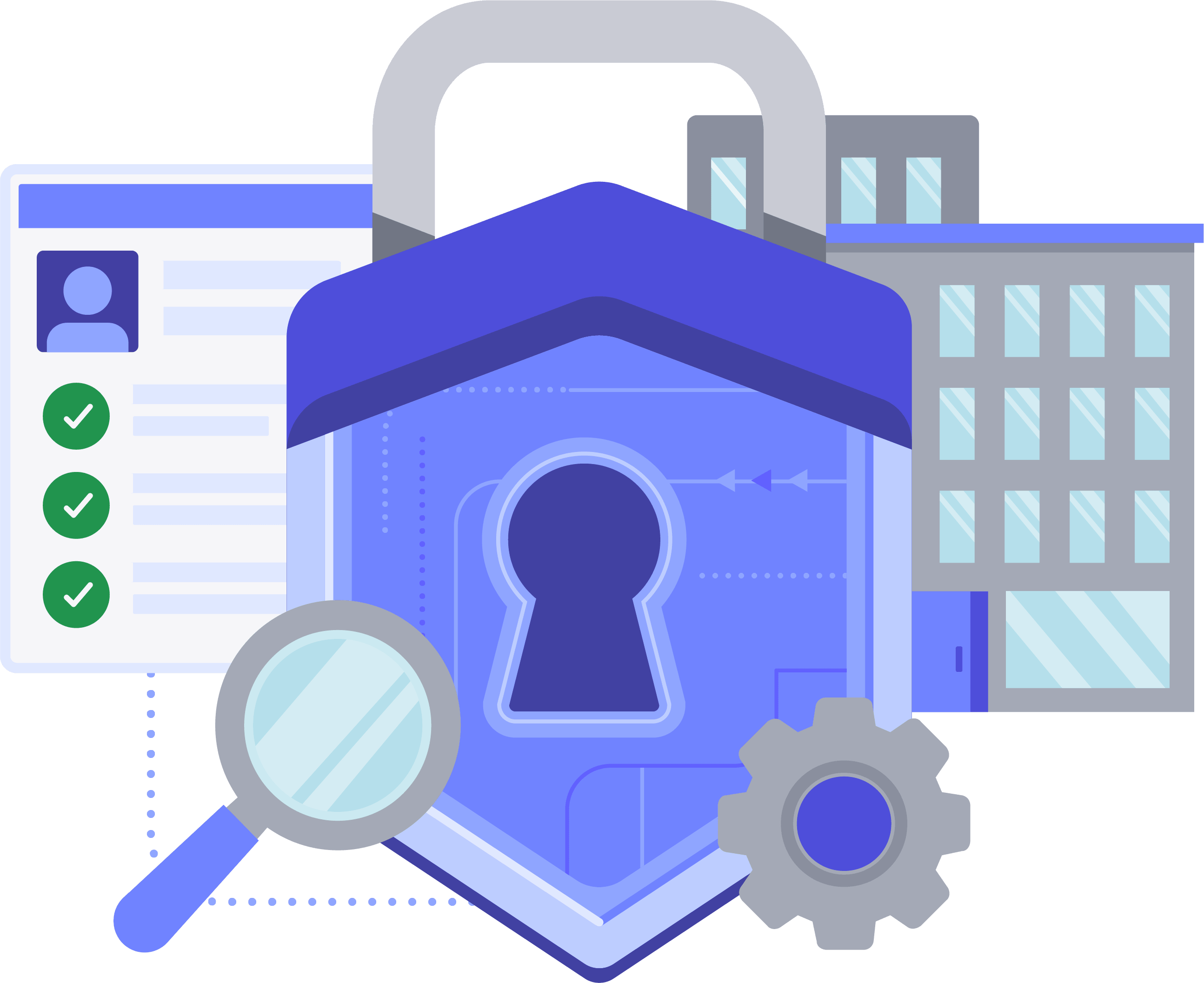 Illustration of a large padlock with a keyhole in the center, a magnifying glass, a gear, a checklist with checkmarks, and a building, symbolizing security, inspection, and compliance.