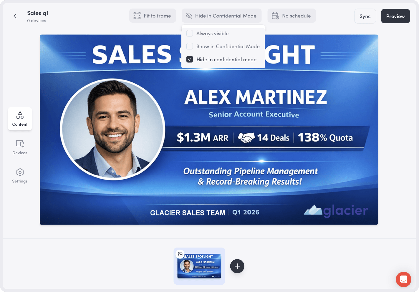Dashboard interface showing a sales spotlight card for Alex Martinez, Senior Account Executive, with a smiling portrait on a blue background, highlighting $1.3M ARR, 14 deals, and 138% quota, with text praising outstanding pipeline management and record-breaking results, and footer noting Glacier Sales Team Q1 2026.