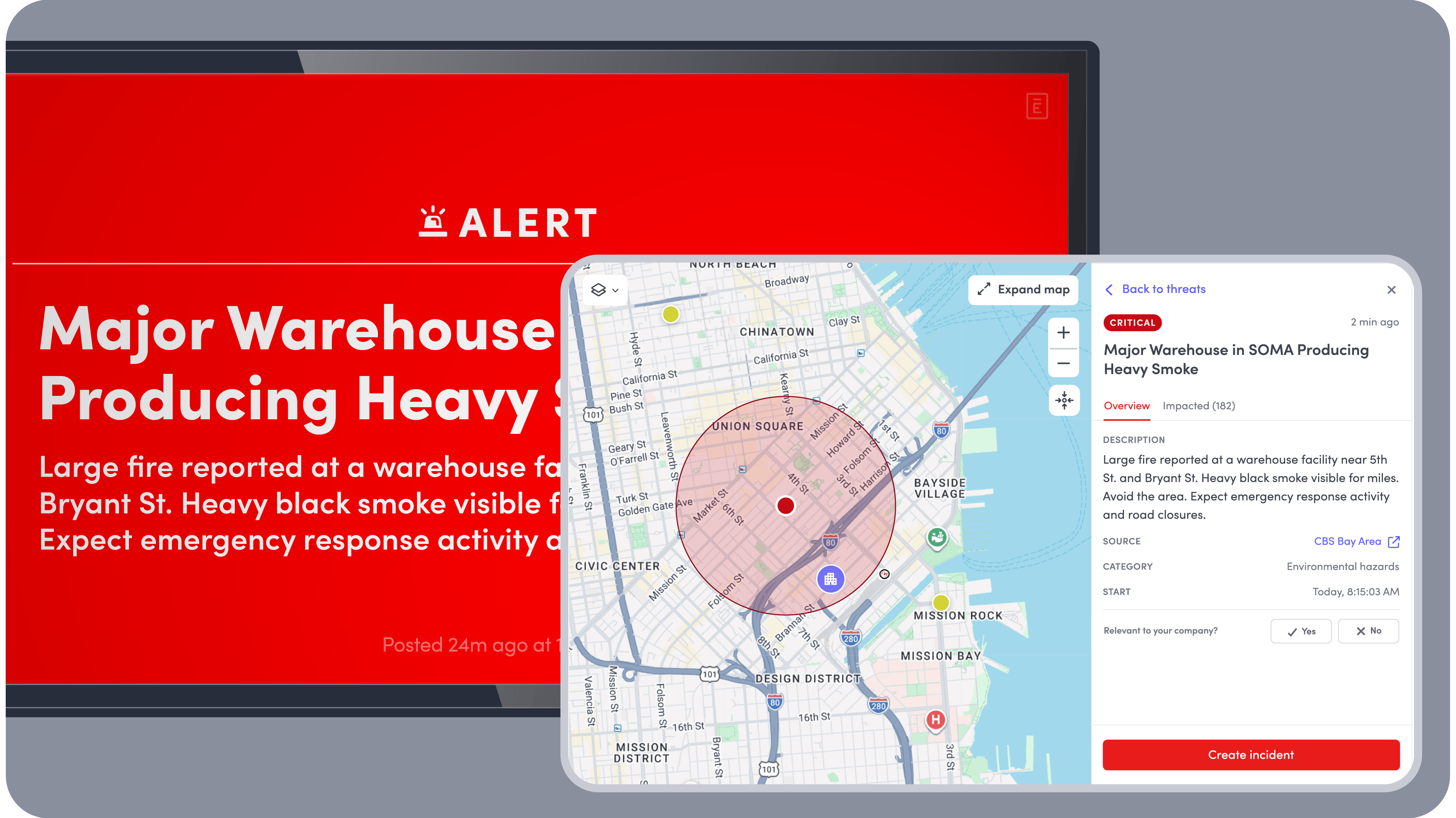 Digital alert showing a major warehouse fire producing heavy smoke in SOMA, San Francisco, with a map highlighting the affected area near 5th and Bryant Streets, warning of emergency response activity and road closures.