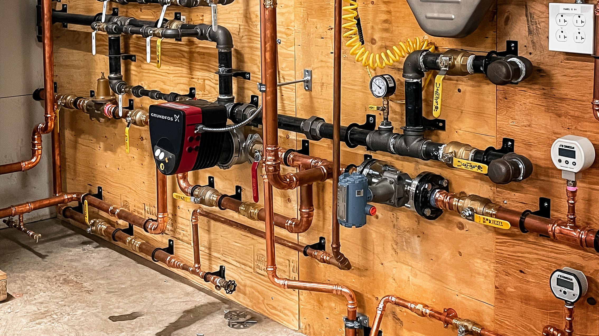 Commercial mechanical room piping with circulation pump and labelled valves installed by Matrix Mechanical