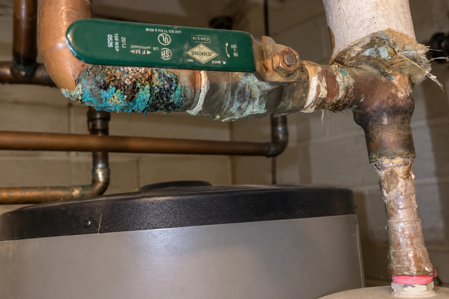 Green-handled shutoff valve and corroded copper connections.