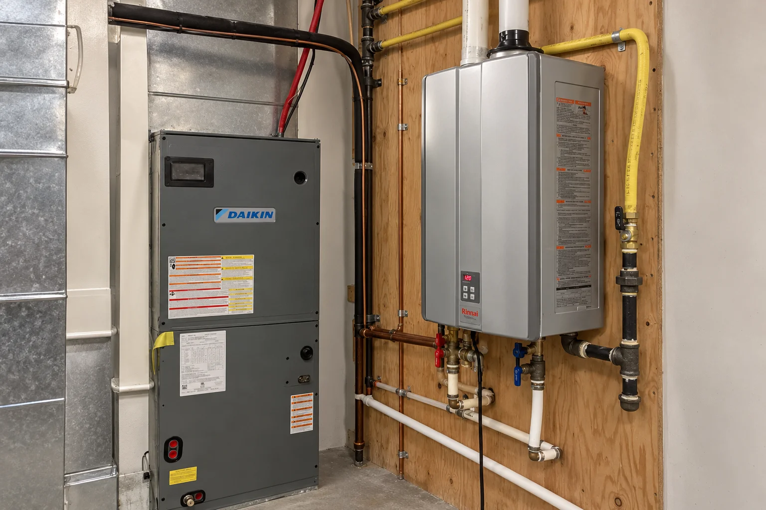 Daikin furnace beside wall-mounted heating equipment in a mechanical room.