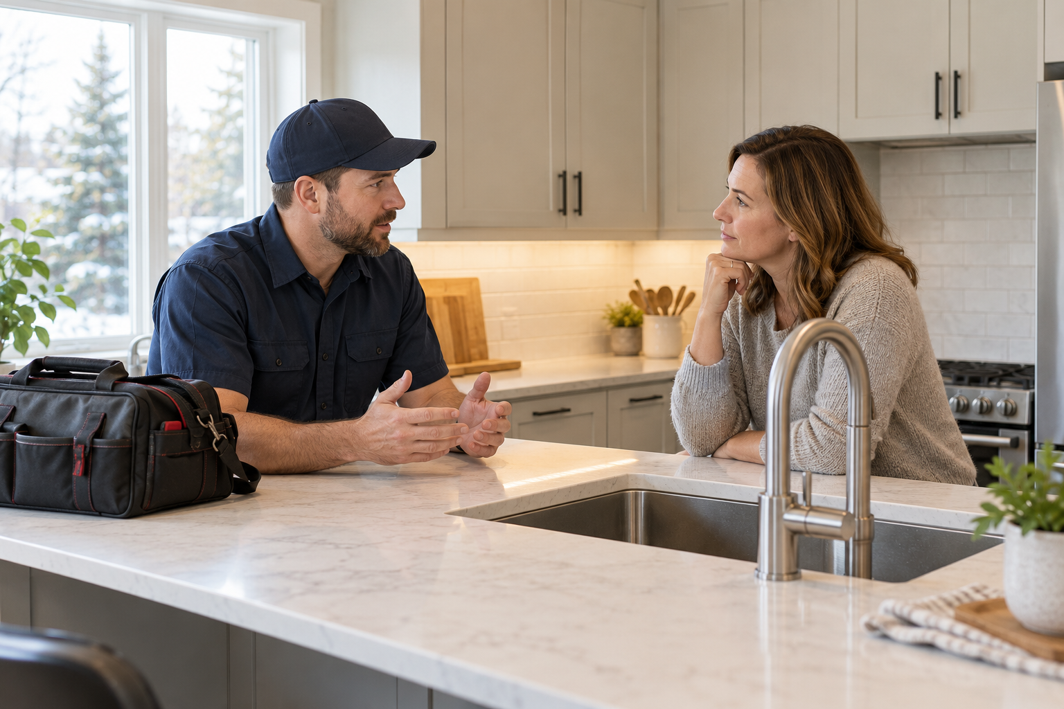 Homeowner and plumbing professional discussing a kitchen service request.