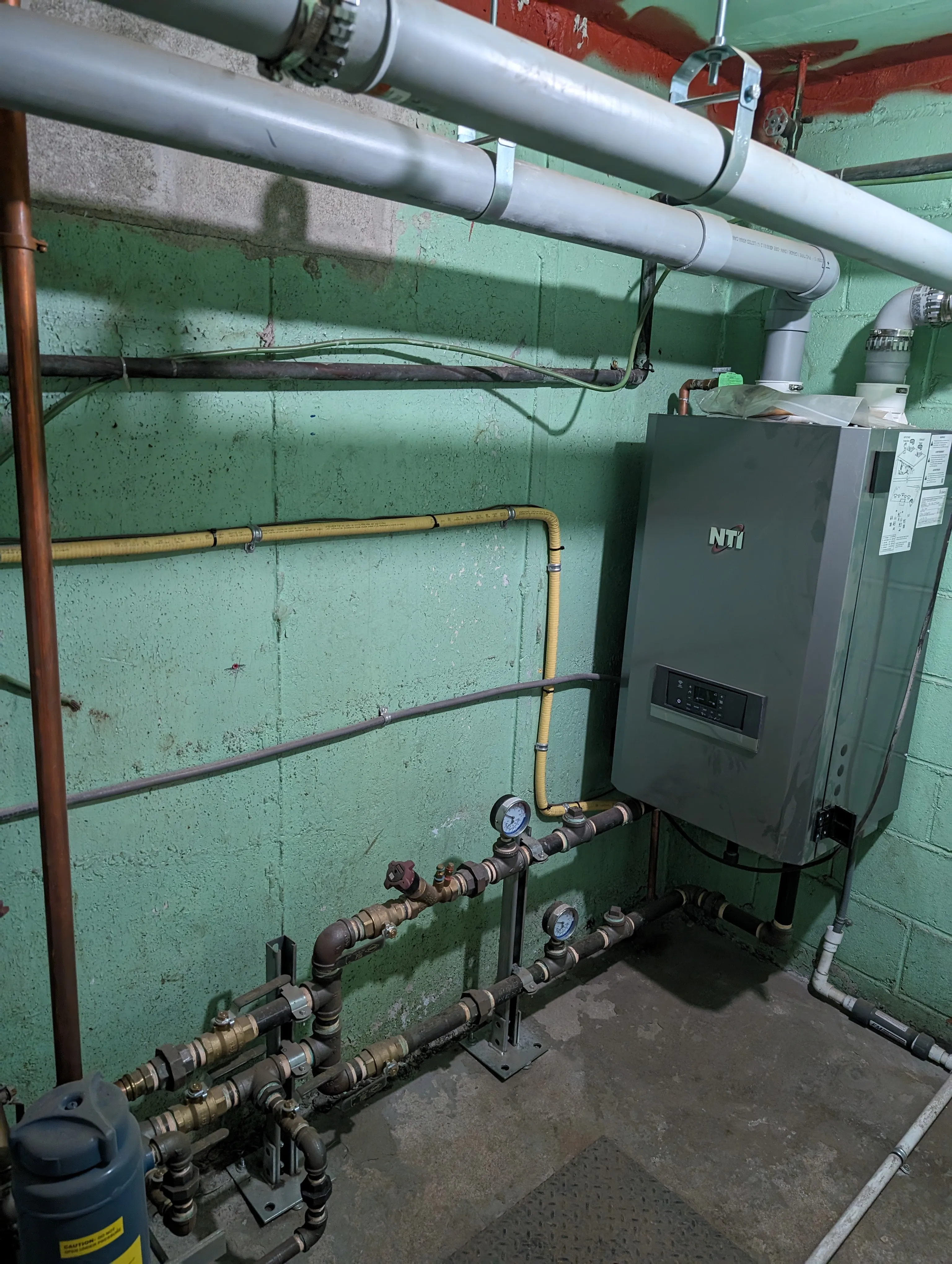 Boiler and associated pipework in an older basement mechanical room.
