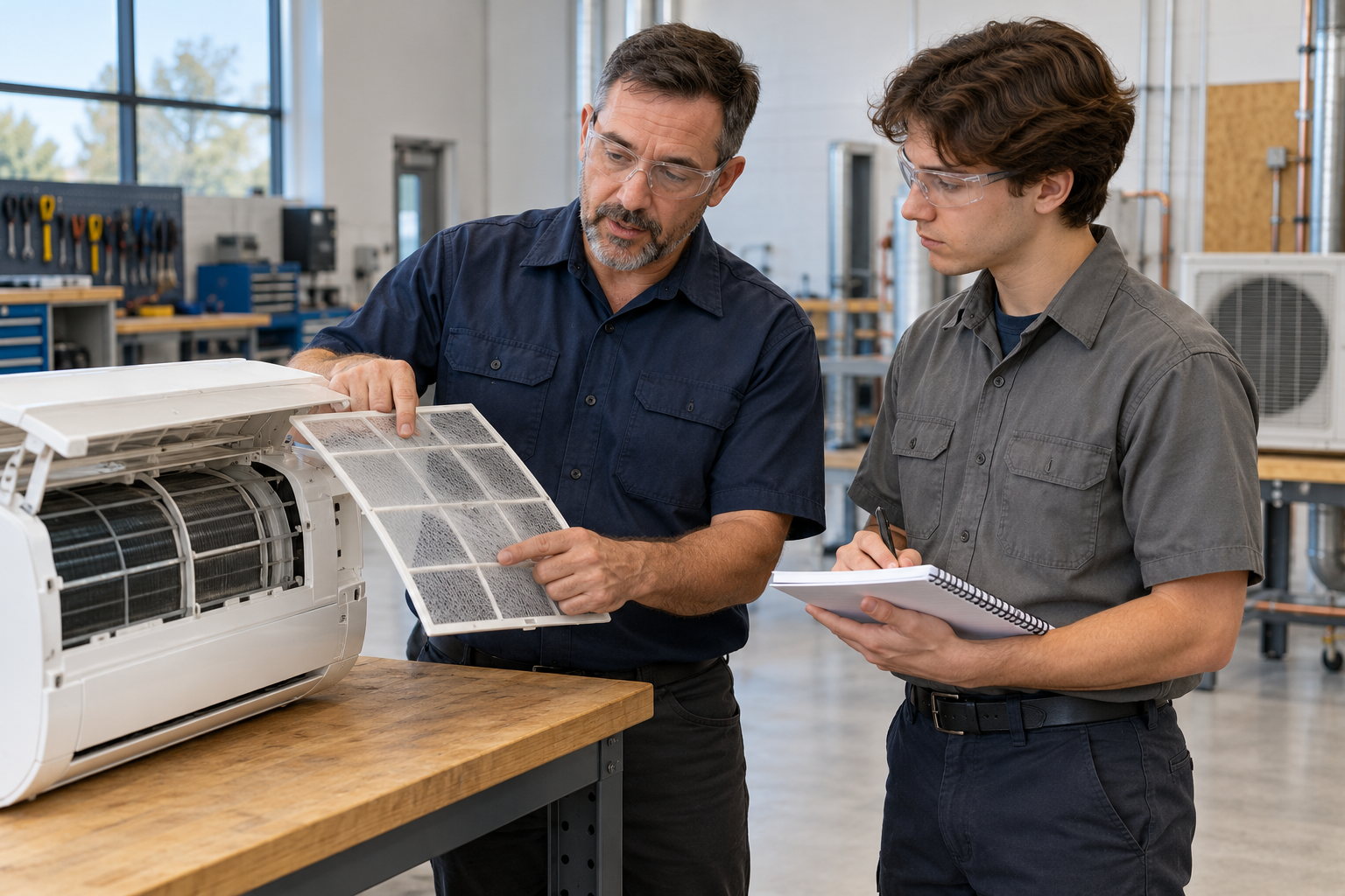Instructor explaining a ductless filter to an apprentice in a trades training workshop.