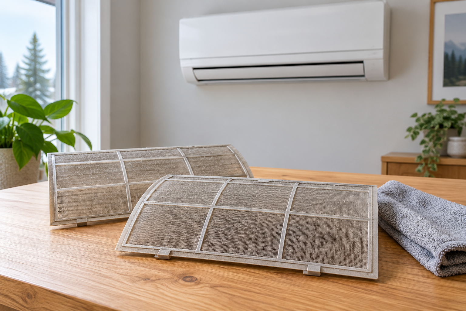 Removable heat-pump mesh filters and a soft cloth laid out for owner care.