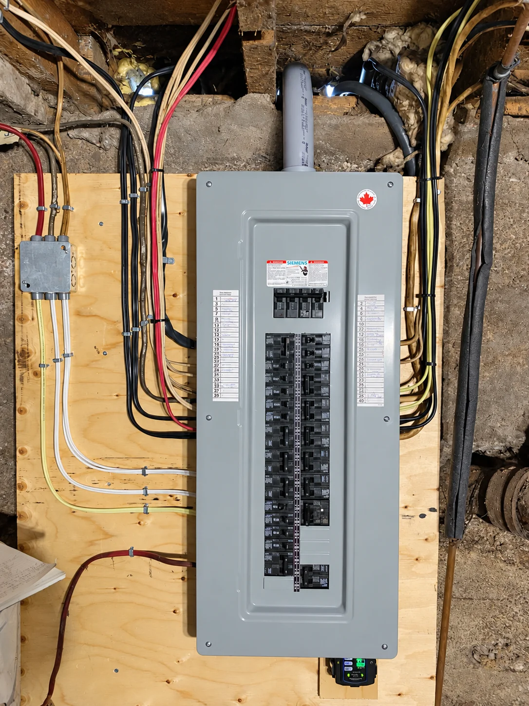 New 200A breaker panel with labelled circuits and a surge protector mounted below.