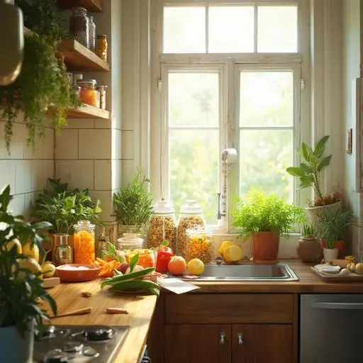 Eco-friendly kitchen with reusable containers, vibrant produce, and a compost bin.