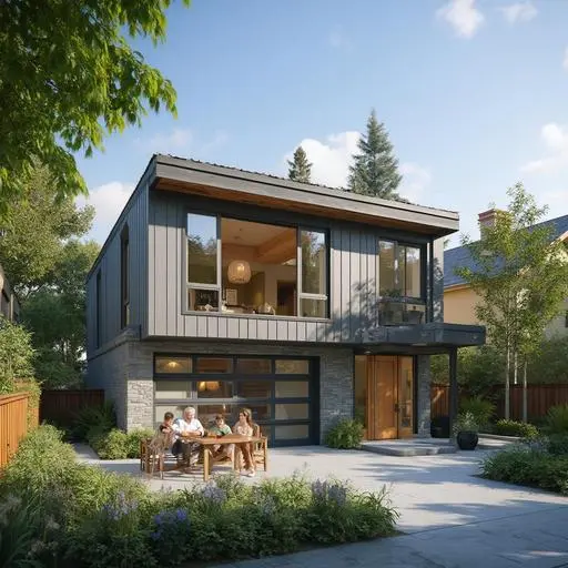Modern ADU transformation from traditional garage, featuring a welcoming entrance and happy family gathering.
