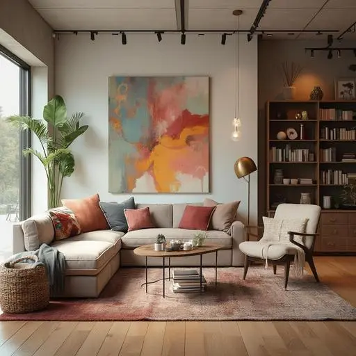 Hyperrealistic modern living room with large windows, cozy sectional, and vibrant decor.