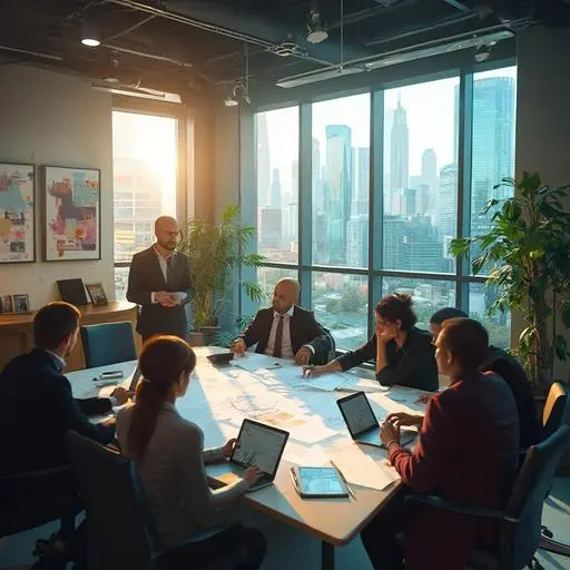 Diverse professionals collaborate in a modern real estate office with blueprints and technology.