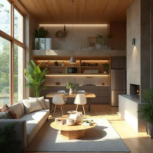 Modern ADU interior featuring open-concept living, natural light, and multifunctional design elements.