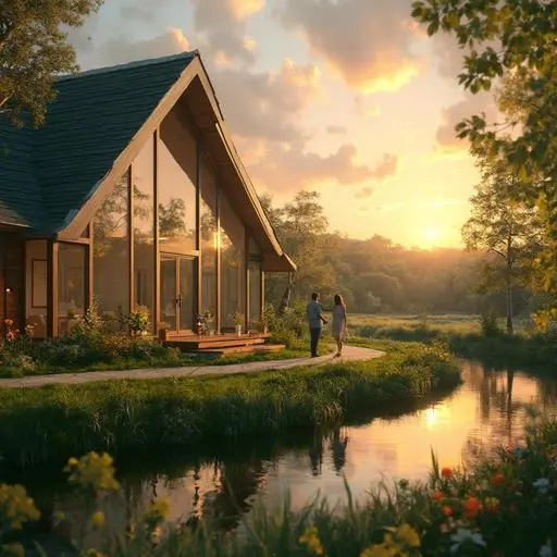 A joyful couple admires their modern dream home amid a lush, serene landscape.