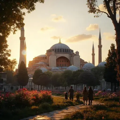 Hagia Sophia at sunset, showcasing vibrant gardens and golden light illuminating its grandeur.